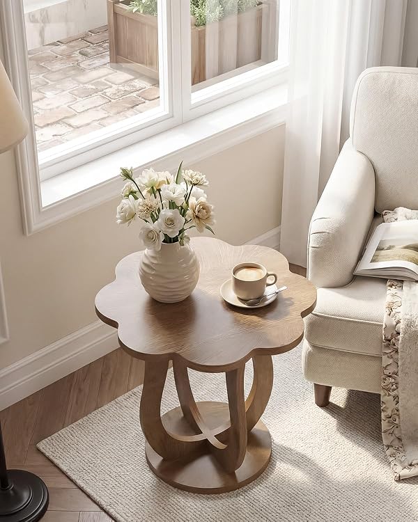 LITTLE TREE Small Side Table, 25.6" Flower-Shaped Drink Table, Sturdy Wood Pedestal Nightstand, Modern Accent Cocktail Drink Stand, Plant Stand for Living Room, Bedroom, Rustic Brown, 2PCS by LITTLE TREE - Image 2
