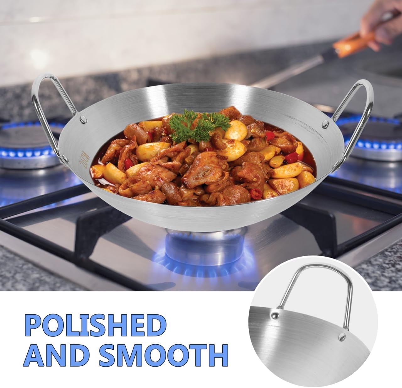 Hemoton 10.22 Inch Stainless Steel Wok Pan with Lid Double Handle Round Bottom Frying Pan for Gas and Electric Cooktops Multipurpose Stir-Fry and