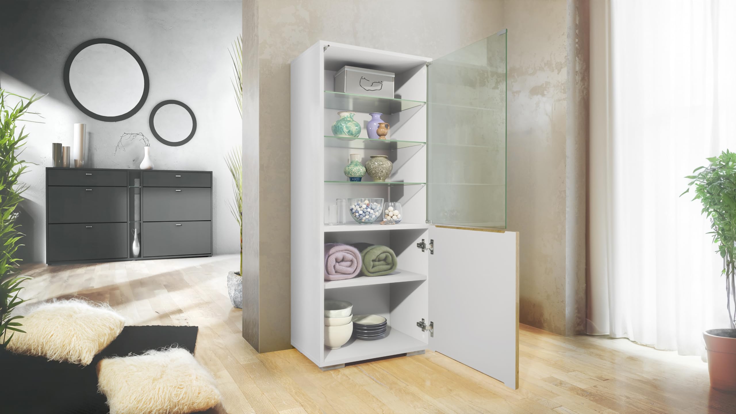 Vitrine Granada, Made in Germany, Vitrinenschrank mit Glastür und Glaseinsatz, Weiß matt/Sandgrau Hochglanz (50 x 122,5 x 34,5 cm)