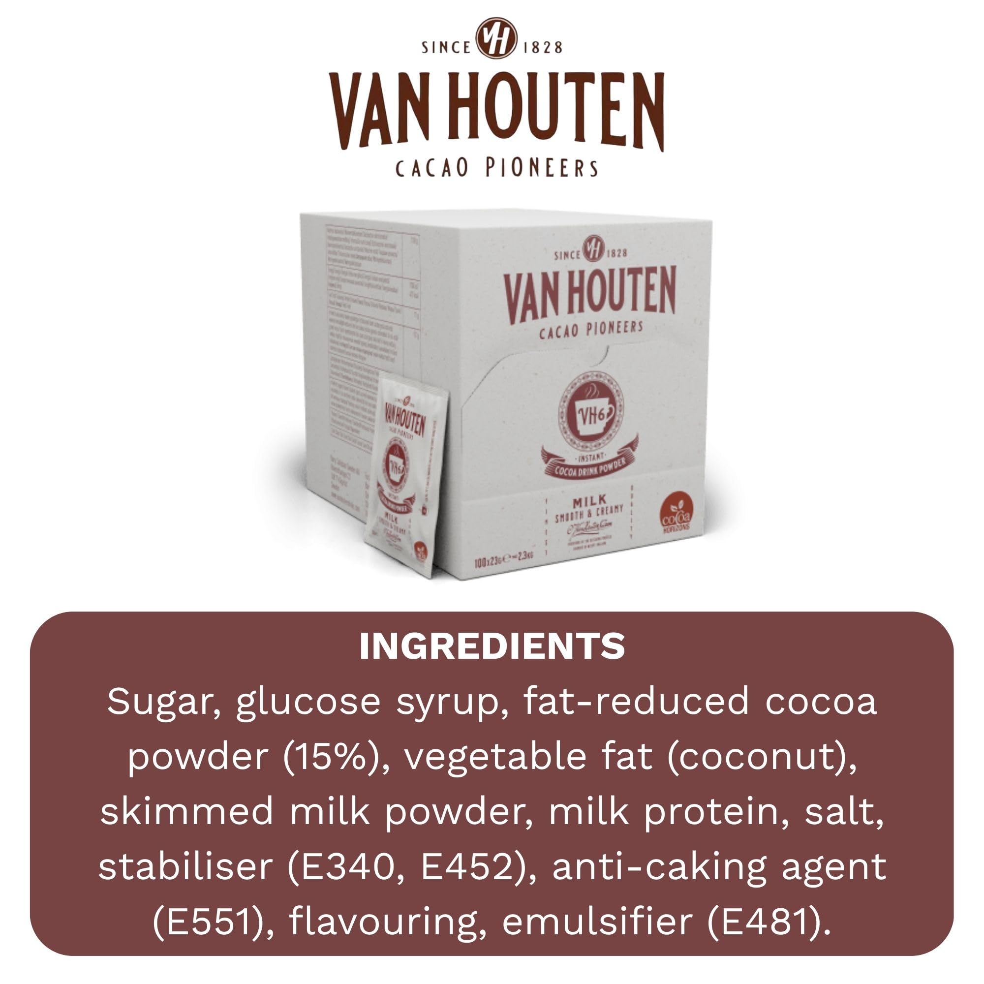 Van Houten VH6 Instant-Milchschokoladen-Getränkepulver, Beutel, 23 g x 100 Stück