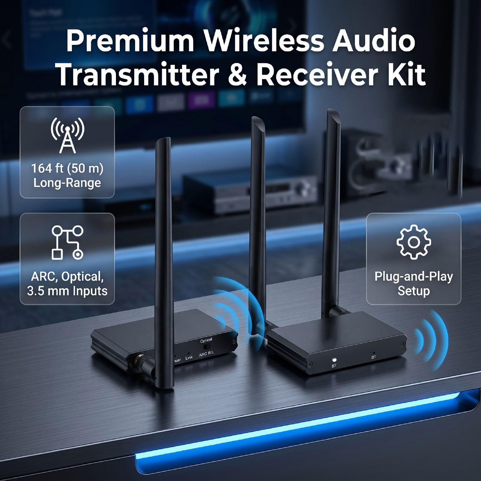 Tangxi Juego de Receptor y Transmisor de Audio Inalámbrico de 2,4 GHz, Kit de Adaptador de Sonido Inalámbrico Bluetooth 5.3 con Adaptador de Audio óptico ARC de 3,5 Mm, Largo Alcance de