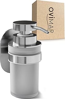 ovimar Seifenspender Kegnaes | Silber | Wandmontage ohne Bohren | aus Edelstahl und weißem Glas | extra große Öffnung leicht wiederbefüllbar | für Badezimmer oder Küche | Desinfektionsmittelspender