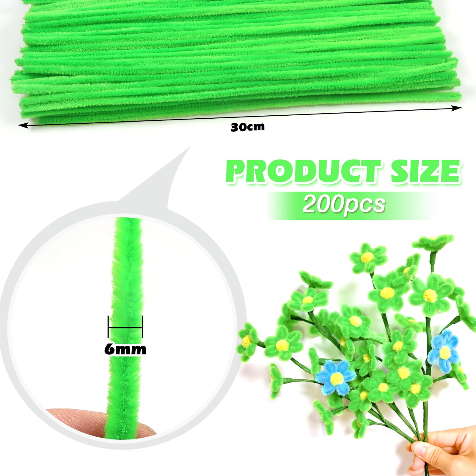 TOAOB 200pcs Fluorescent Green Pipes Cure 6 mm x 300 mm Chenille Rod Assorted Cleaners Crafts Set for DIY Crafts Decorations Supplies Craft - Image 2