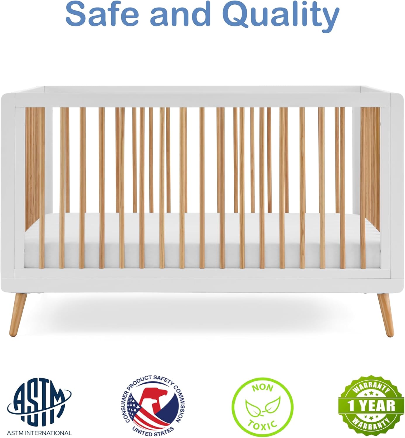 Tatum 3-in-1 Convertible Crib, White/Natural Finish, Solid Wood, Adjustable Mattress Height, Converts to Toddler Bed & Daybed, Fits Standard Full-Size Crib Mattress