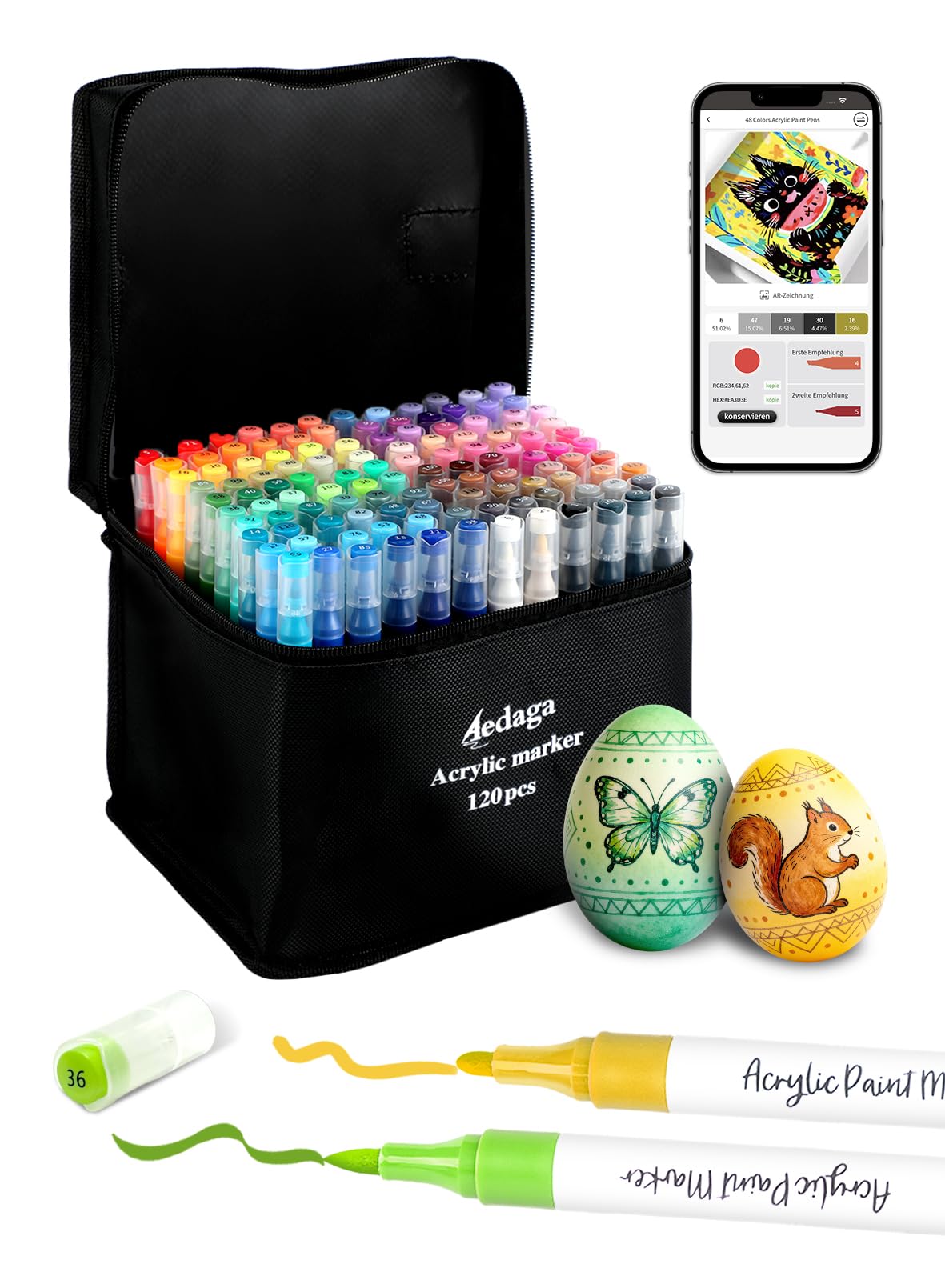 ‌120 Farben Nummerierte Acrylstifte Set mit App Acrylic Marker Doppelspitze | Vielseitig einsetzbar | Starke Deckkraft | Farbecht | Wasserfest | Acrylmarker für Erwachsene, Eier, Holz, Stein, Leinwand