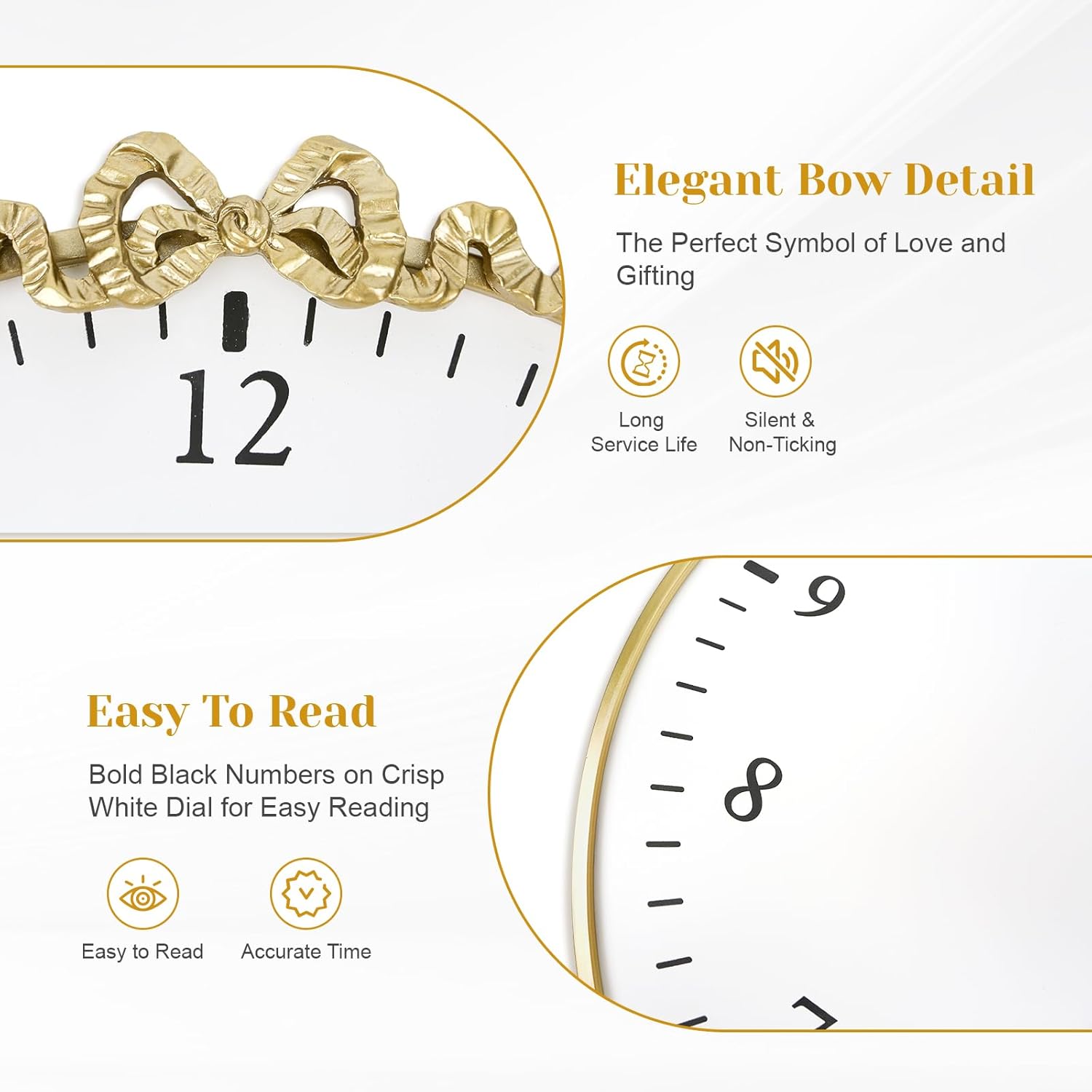 large vintage gold wall clock, 20inch decorative round wall clocks with bow decor for living room, retro metal battery operated clocks for bedroom, dining room,office