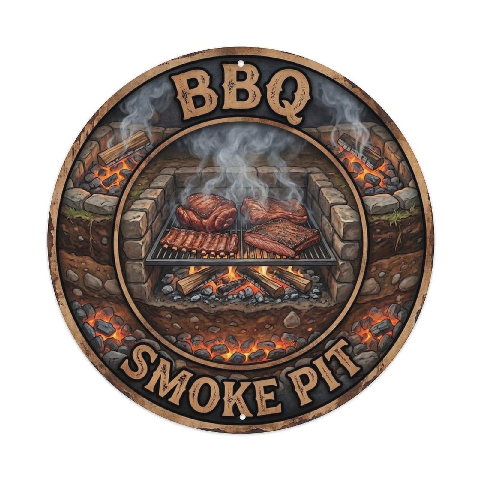 BBQ Barbecue Smoke Pit Vintage Metal Tin Sign Plaque Wall Decor for Cafe, Club, Garden Round Metal Poster 8x8Inch