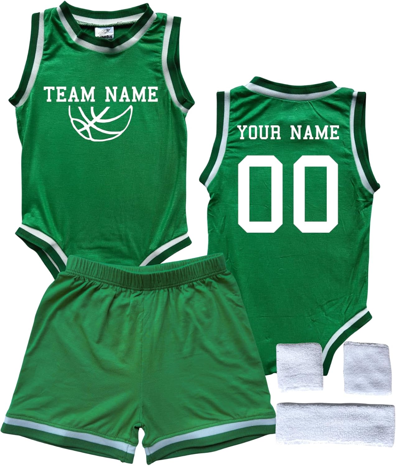Custom Sleeveless Team Basketball Jersey Bodysuit with Matching Shorts Outift for Babies - Personalized Team, Name & Number