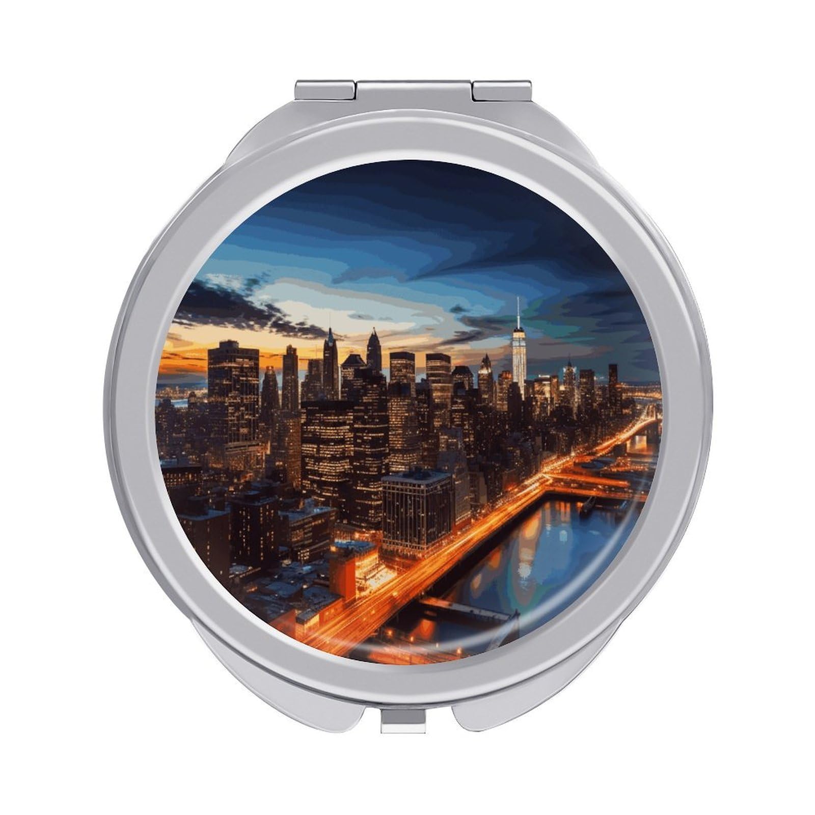 Fekiloot Style New York City Scenery Travel Makeup Mirror Handheld Compact Mirror Portable Pocket Mirror Double-Sided 1X/2X Magnifying For Handbag And Purses