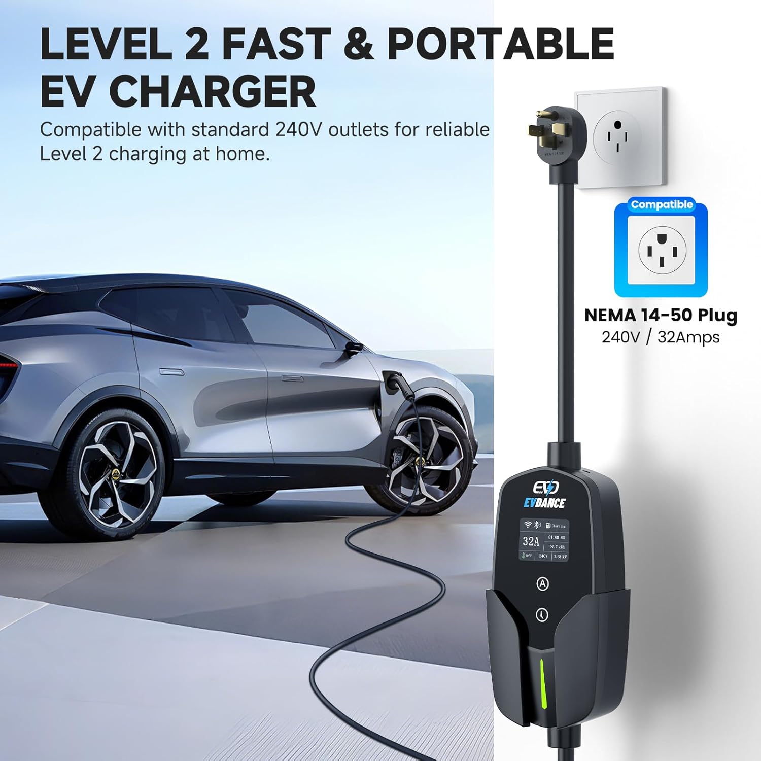EVDANCE Level 2 EV Charger with APP Control, 32A 7.68KW Electric Vichile Charging Station with 25FT Cable, Delay Time & Adjustable Current, Fast EV Charger Compatiable with All J1772 EVs.