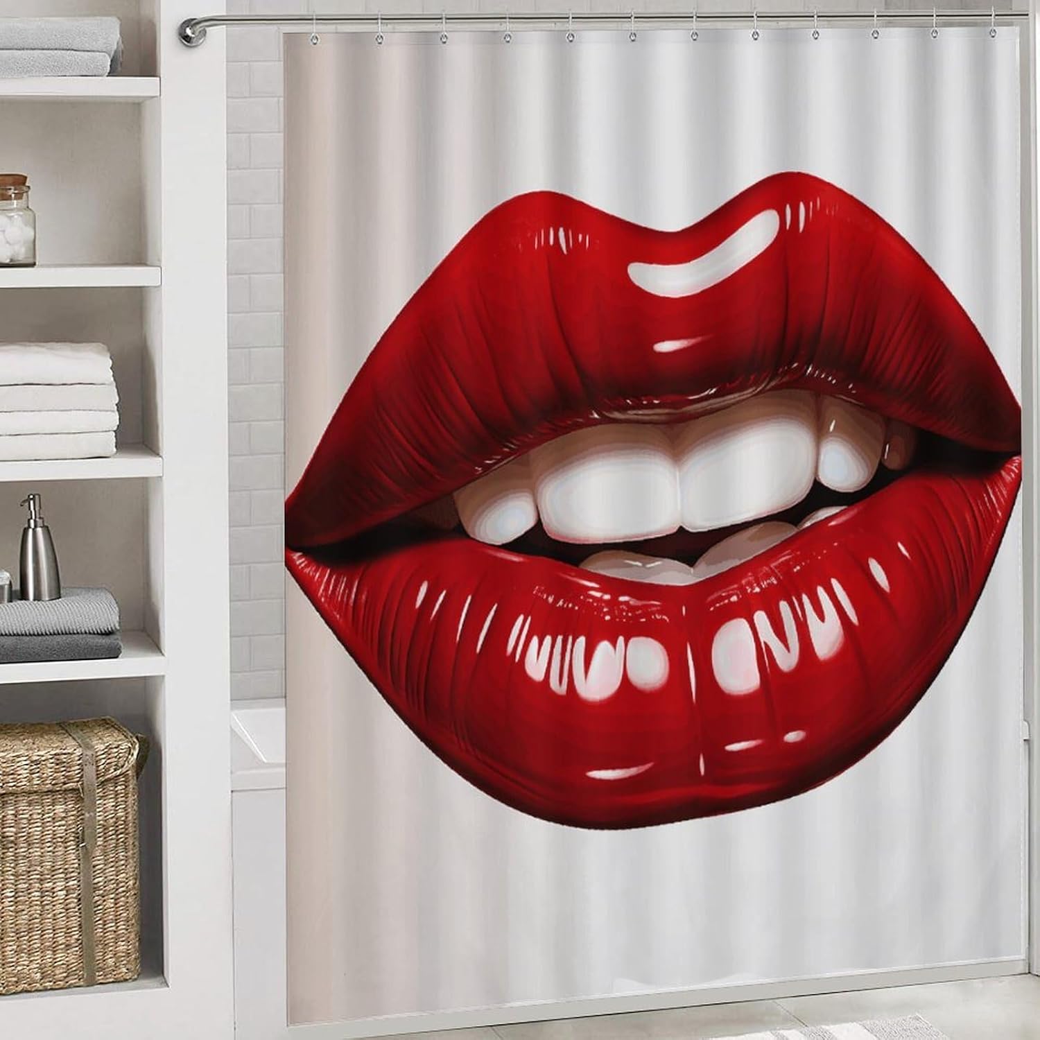 4 Piece Bathroom Rug Set with Shower Curtain, Non-Slip Bath Mat Toilet Cover Set, Cute Graphic Red Lips Bathroom Rug Sets
