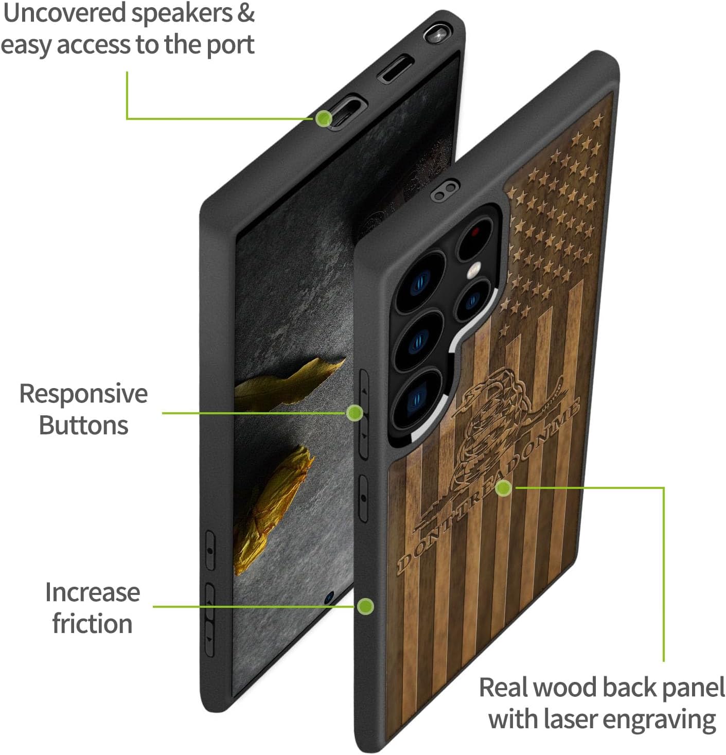 Carveit Wood Case for Galaxy S25 Ultra Case 2025 [Natural Wood & Black Soft TPU] Shockproof Protective Cover Unique Wooden Design Compatible with Samsung S25 Ultra (Gadsden and American Flag-Walnut)