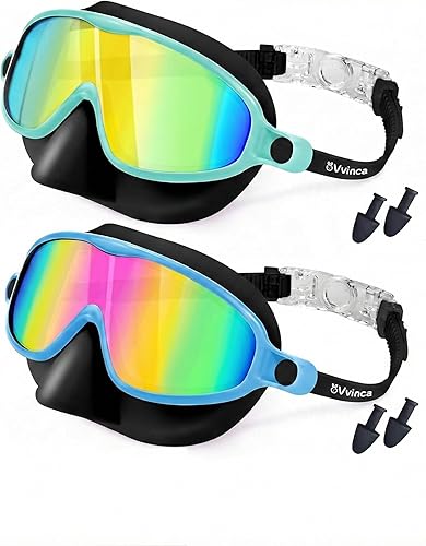 Miniatura 9 de Vvinca Swim Goggles with Nose Cover, 2 Pack Wide View Diving Mask Anti-Fog UV No Leak Toddlers Swimming Goggles for Kids 3-15 04-negro azul y negro