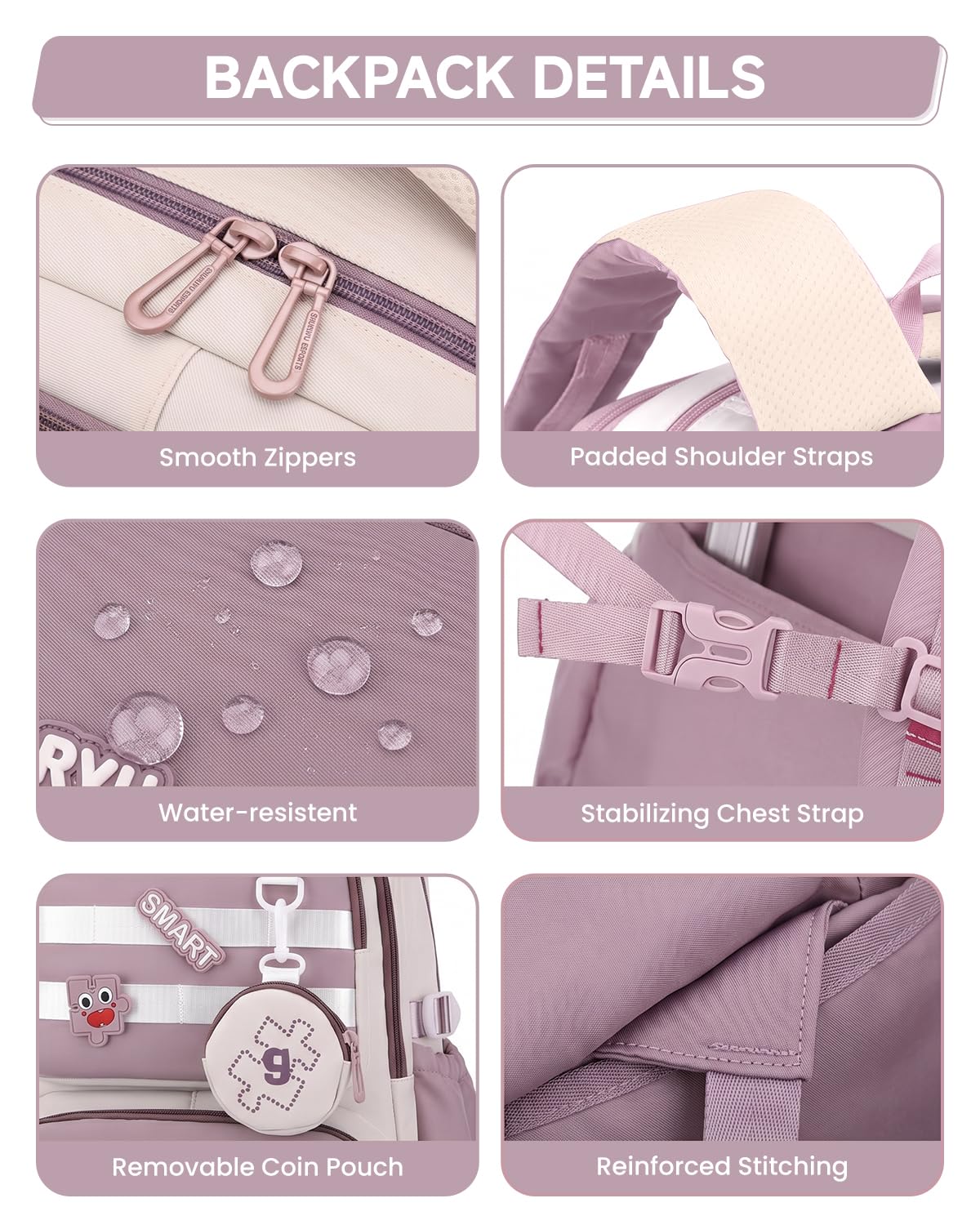 Amythe Cartable à Roulettes Fille – 6 Roues Amovible, 9-16 Ans, Violet