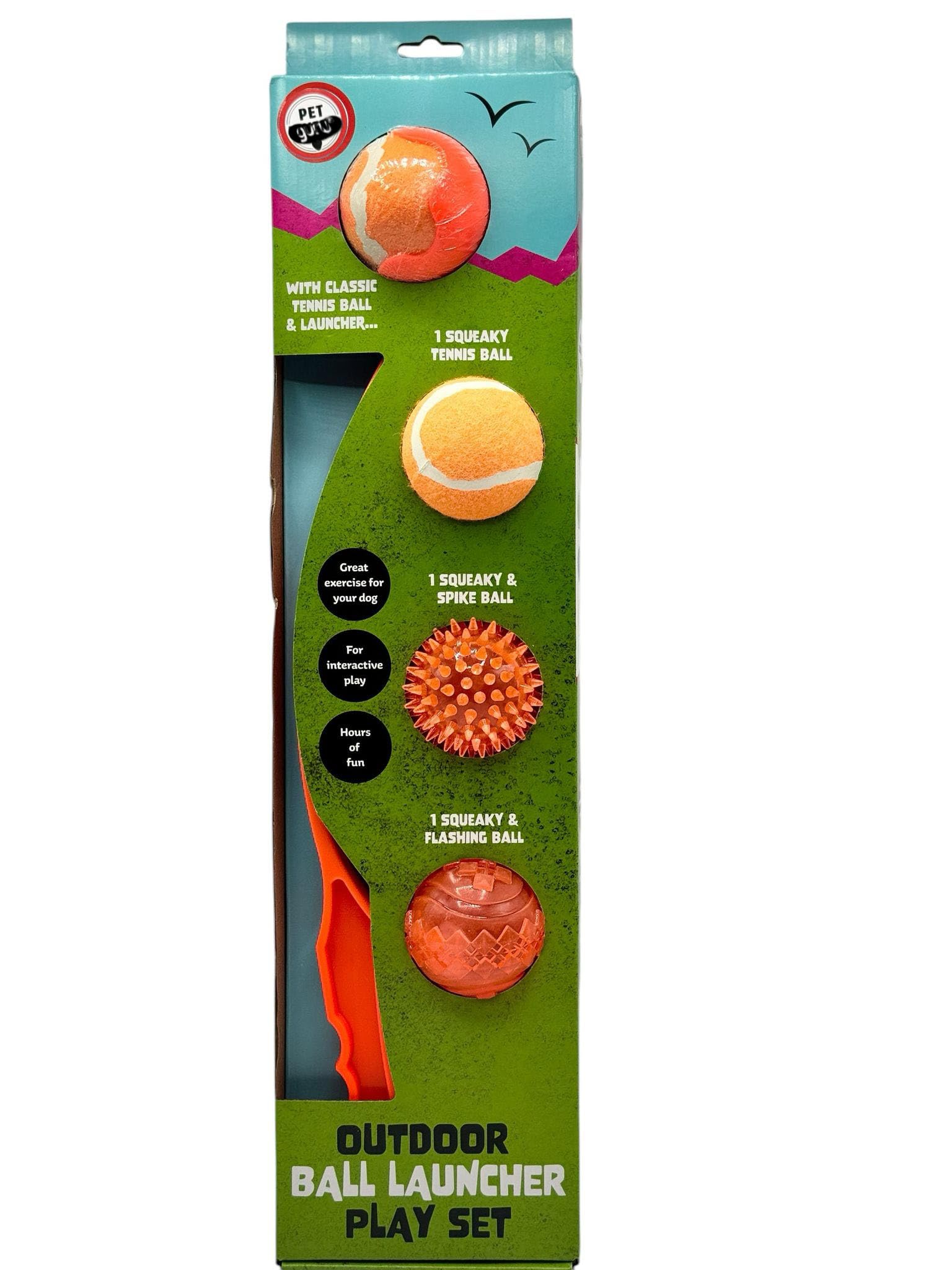 Pet Dog Outdoor Ball Launcher Play Set including 2 Tennis Balls and 1 Spike &1 Flashing Ball for Puppies Play Time (Neon Orange