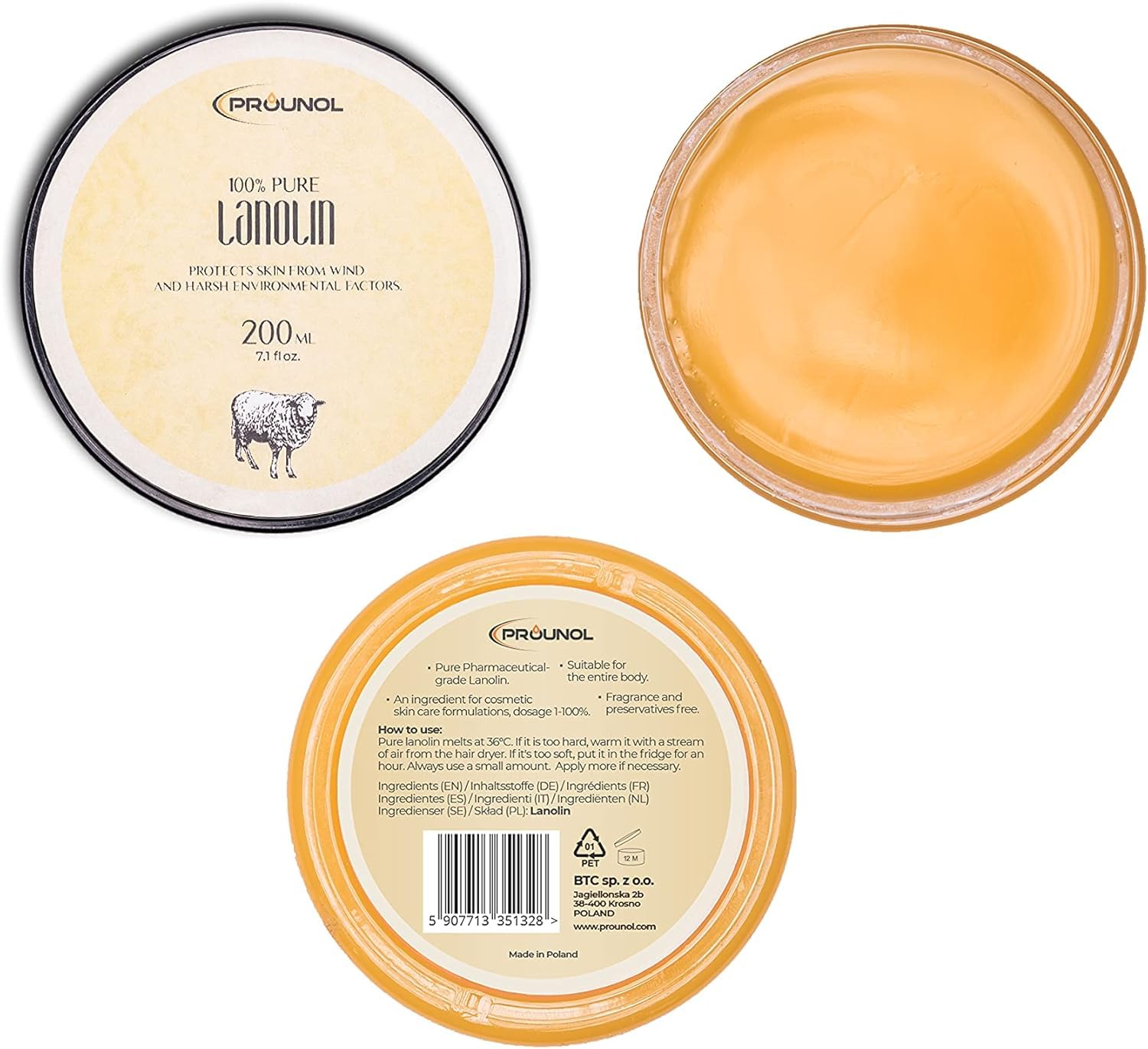 Prounol Lanoline Pure (Lanoline Anhydre) 200ml 100% Naturelle Crème pour les peaux très sèches, rugueuses ou gercées