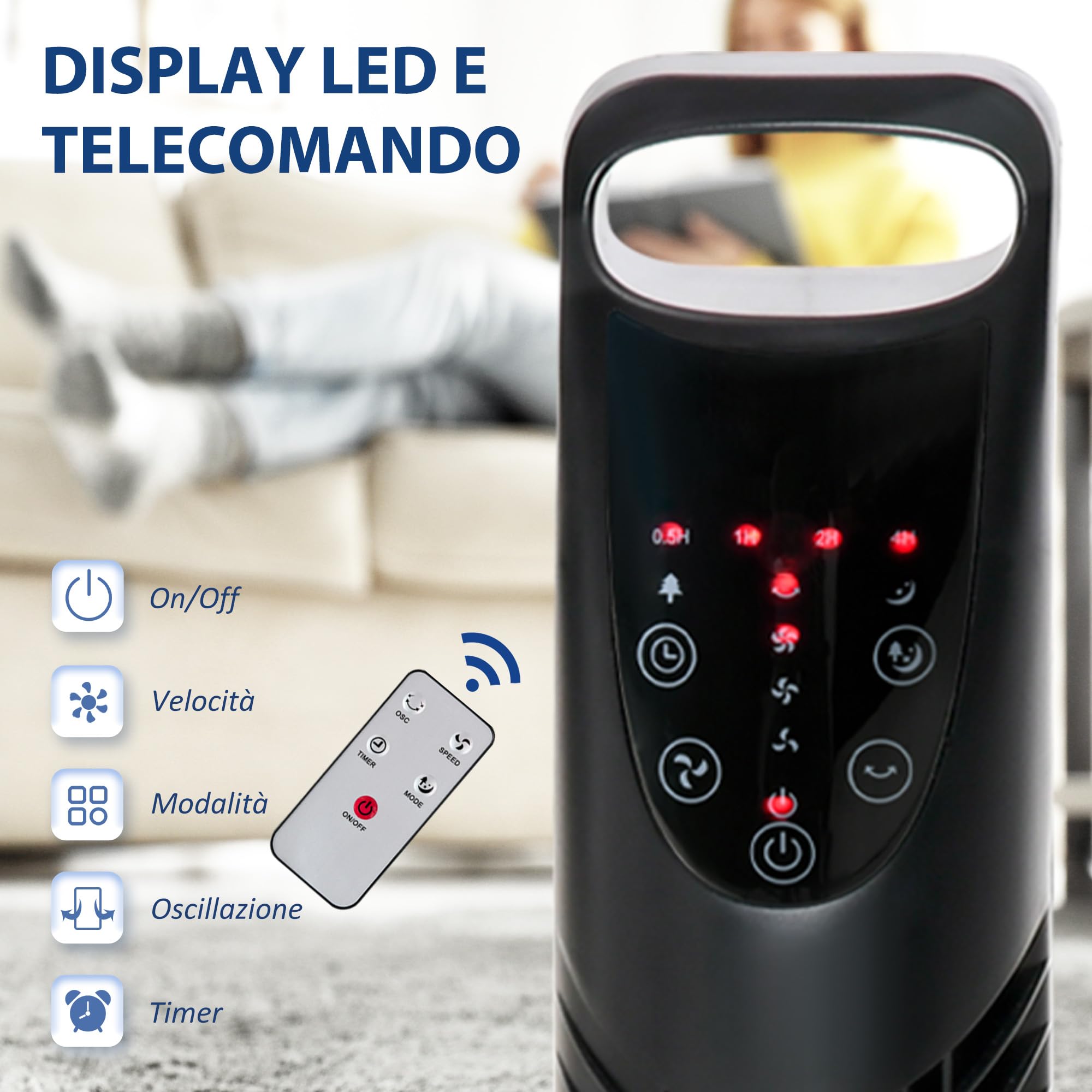 HOMCOM Ventilatore a Torre 40W con 3 Modalità e 3 Velocità, Ventilatore a Colonna Oscillante 70°, Timer 7.5h, con Telecomando fino a 5m, Ф18x78.5cm, Nero
