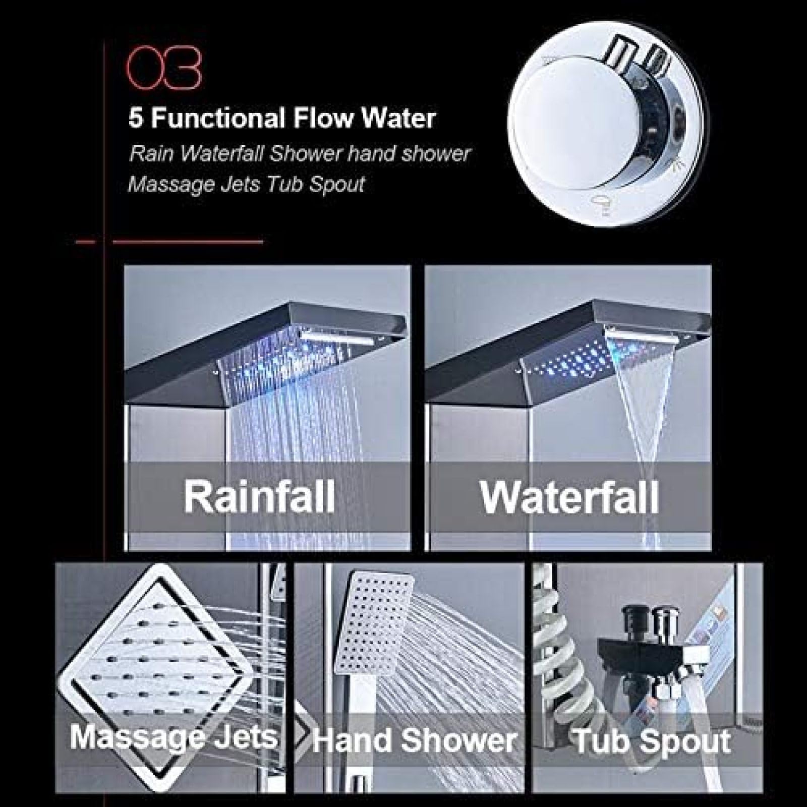 VASDEV Panel para Ducha LED Negro y Gris, Columna de Lluvia, Cascada, Cabezal de Ducha, Pantalla Digital, Temperatura, 3 manijas, Grifo Mezclador, pulverizador, Ducha de bidé