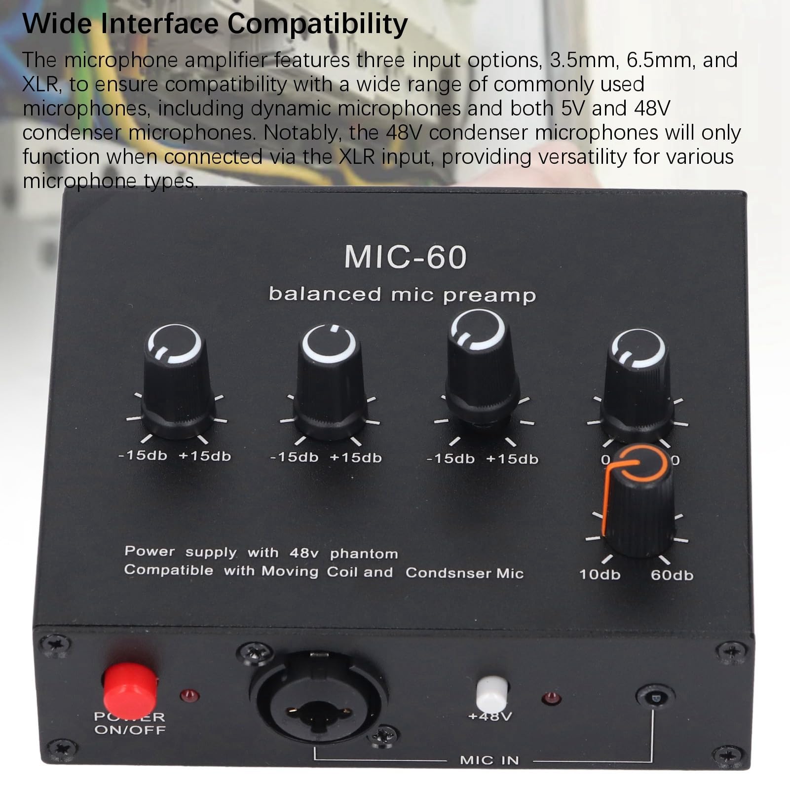 Przedwzmacniacz mikrofonowy ZenithAur o wzmocnieniu 60 dB i mocy 48 V, wzmacniacz mikrofonu z interfejsem 3,5 mm / 6,5 mm/XLR do dynamicznych mikrofonów pojemnościowych