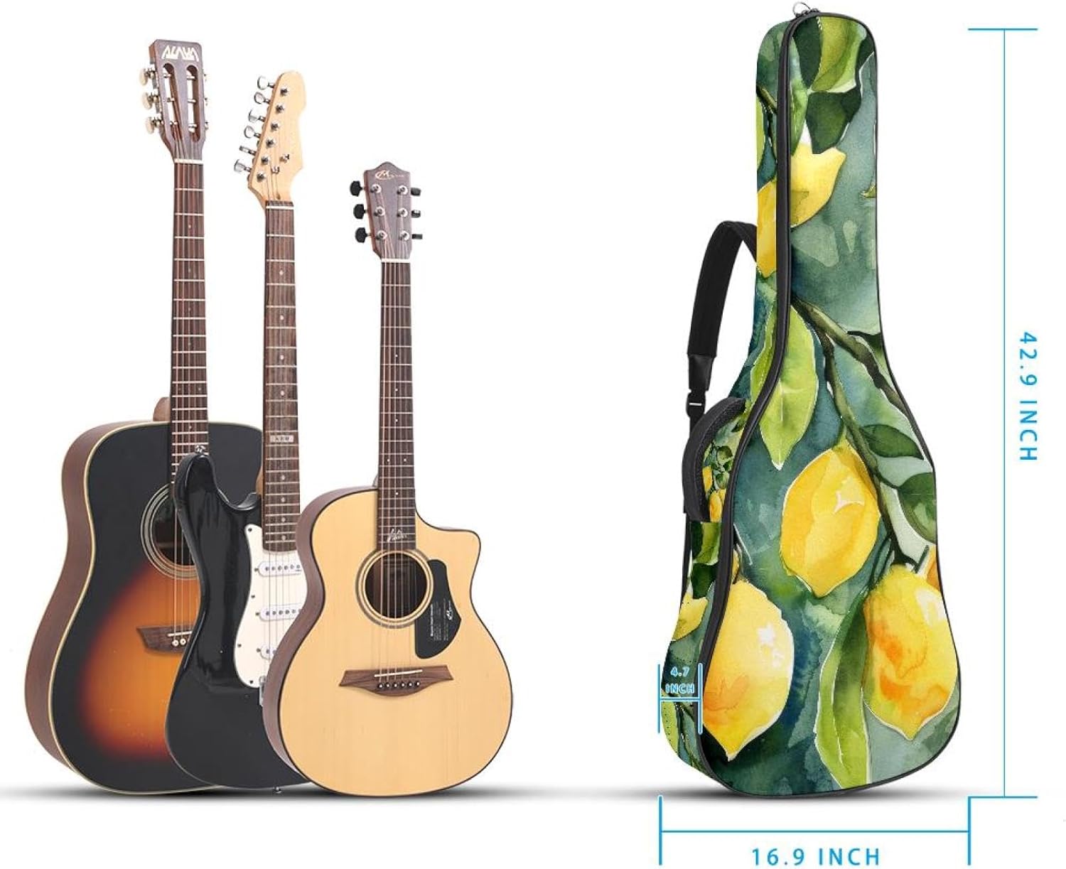 Acoustic Guitar Gig Bag 10mm Thick Padding, Soft Waterproof Guitar Case with Adjustable Backpack Straps for 40-42 Inch Guitar, Fresh Lemons Tree Branches and Green Leaves