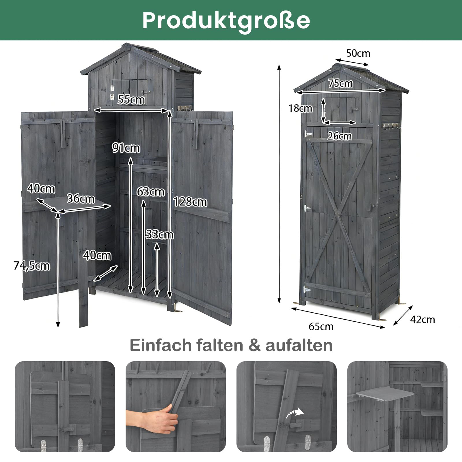 GOPLUS Gartenschrank Holz, Gartenhaus wetterfest, Geräteschuppen mit Tür, 70 x 35,5 x 176 cm Grau