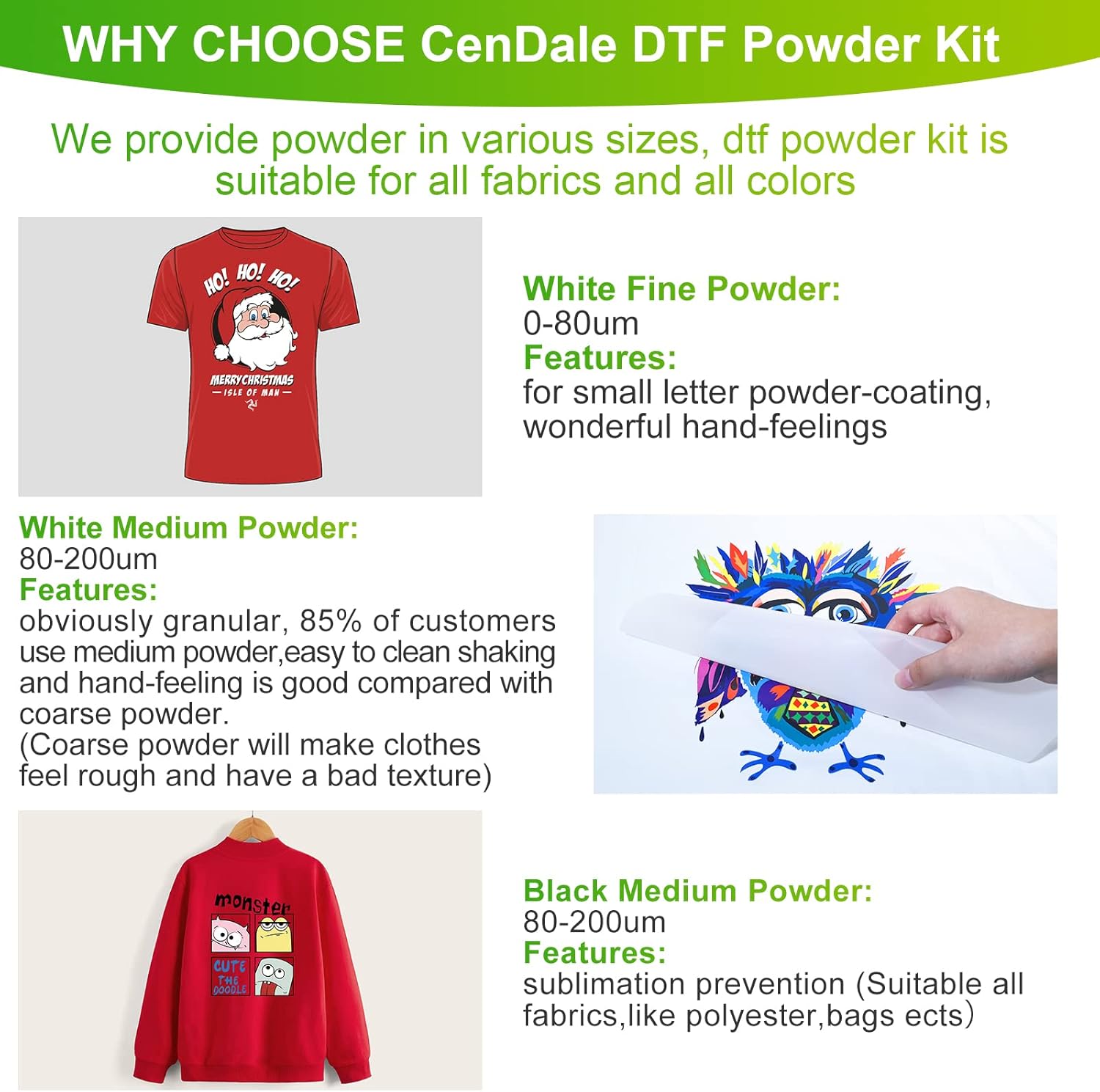 CenDale DTF Powder Kit, Includes Fine Medium, White Black Digital DTF Transfer Powder for Sublimation, Compatible with DTF and DTG Printers, DTF PreTreat Powder for All Fabric Jeans Cotton T-Shirt