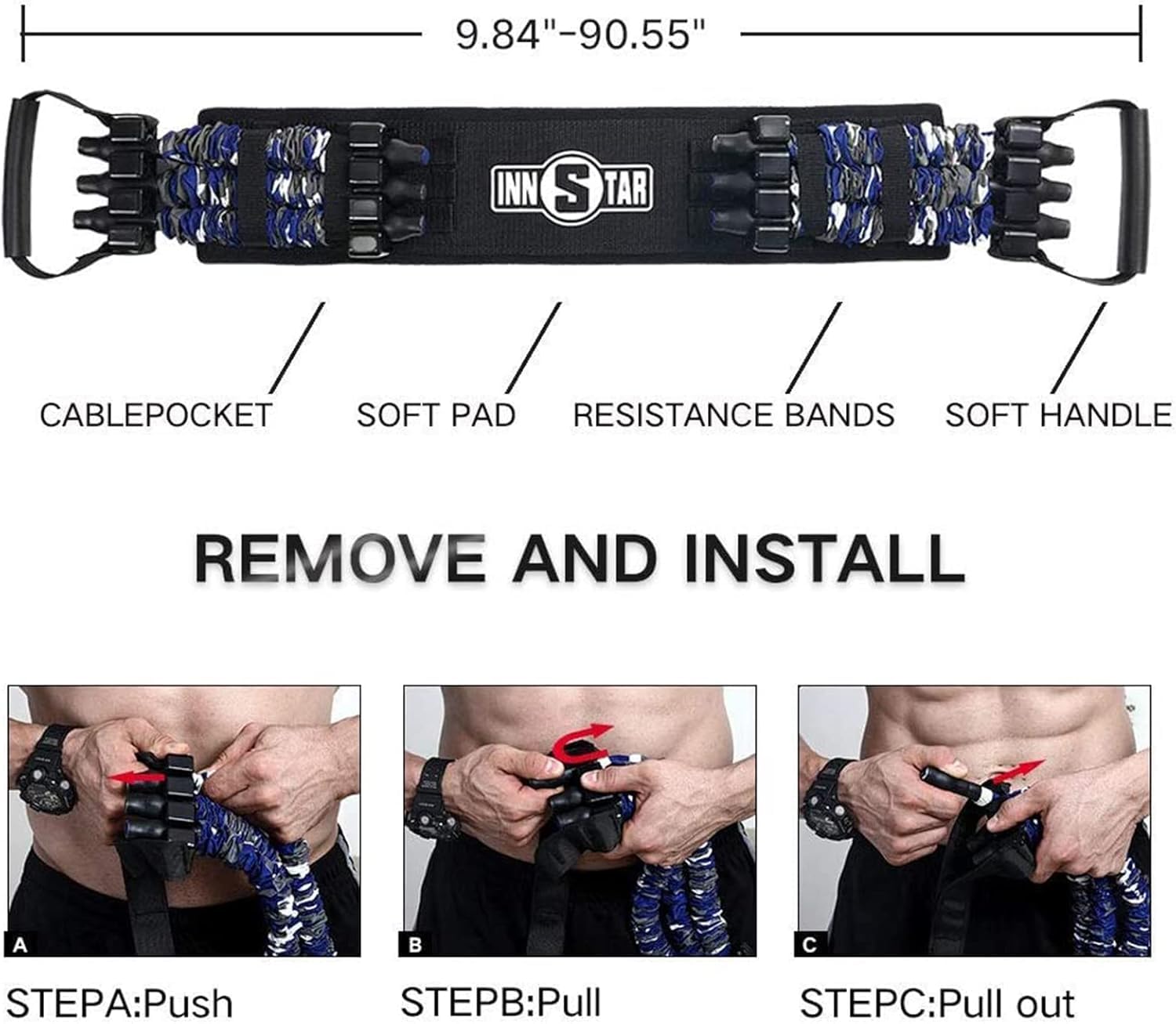 INNSTAR Banda de resistencia ajustable con barra extraíble - para entrenamiento en casa y en el gimnasio, banco de gimnasio portátil para entrenamiento de pecho y brazo muscular, bench Press Band