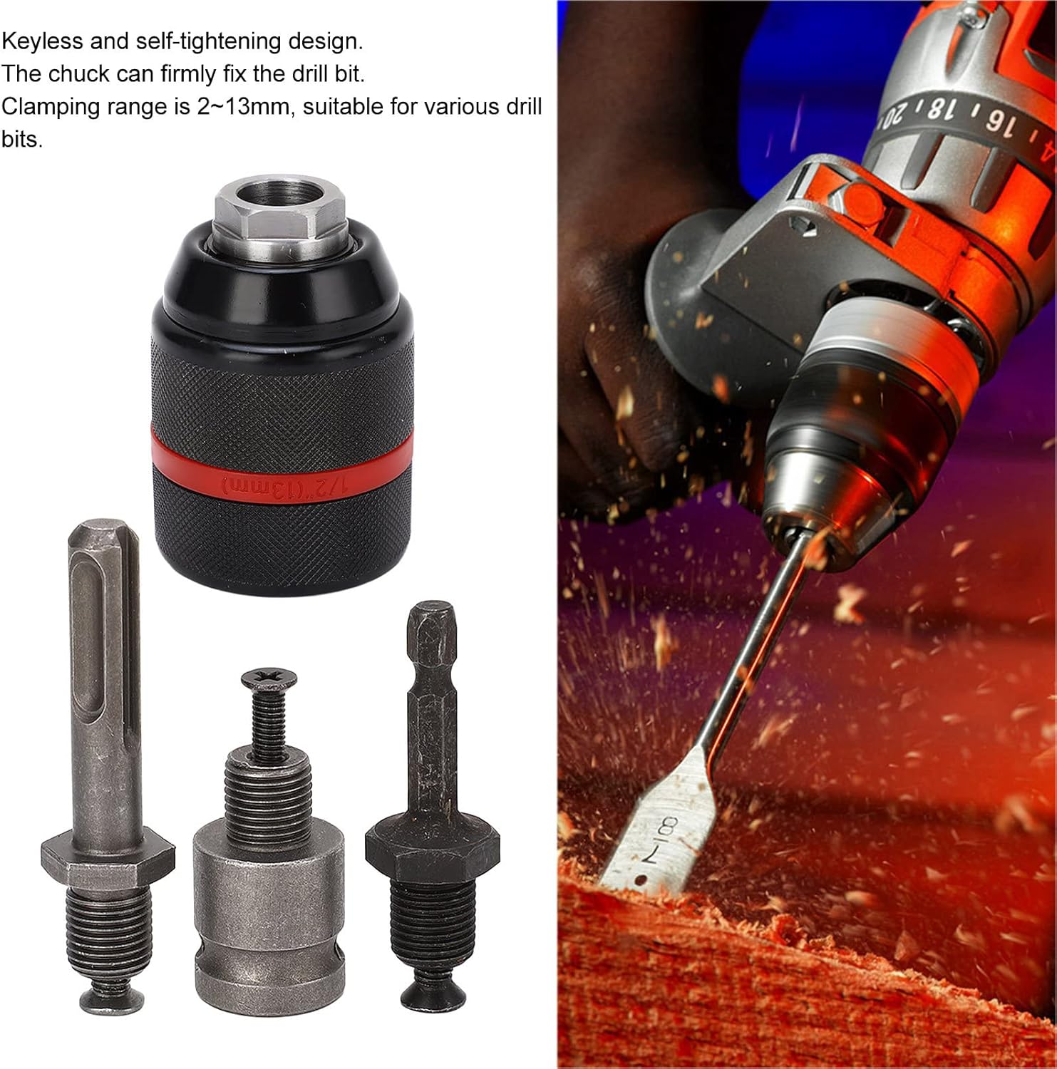 Drill Chuck Adapter, Keyless Self Tightening Drill Chuck, 1/2in 2‑13mm Clamping Quick Changing Tool Drill Bit Adapter for Impact Driver (B)