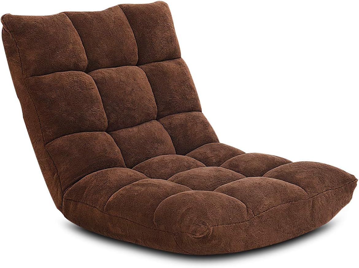 Giantex Floor Chairs for Adults - Floor Gaming Chair with Back Support, Coral Velvet, 14 Adjustable Position, Thick Sponge Padding, Floor Seating Lounge for Reading, Watching TV, Meditation (Brown)