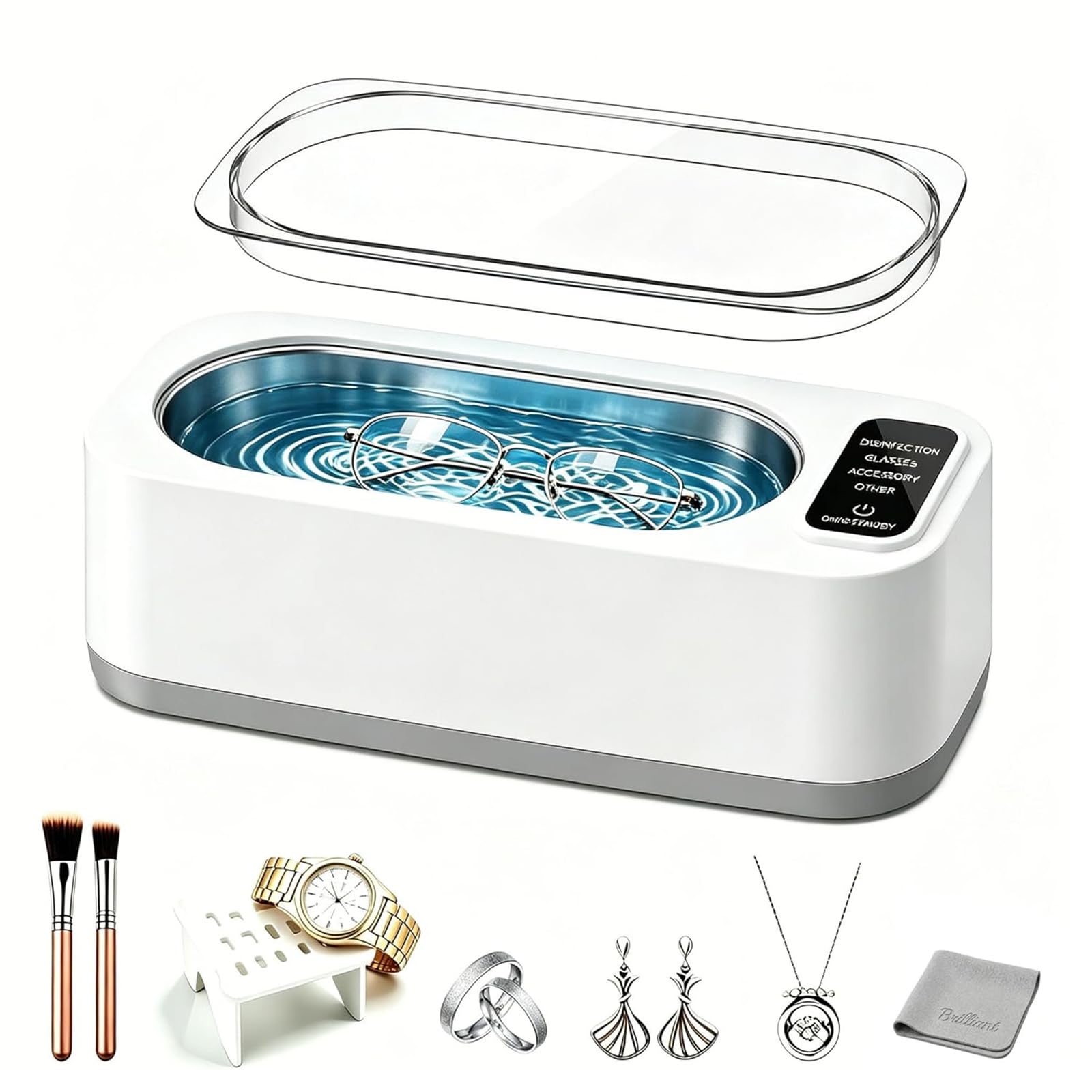 Limpiador ultrasónico de 47 KHz y 350 ml con 4 modos para gafas y joyas