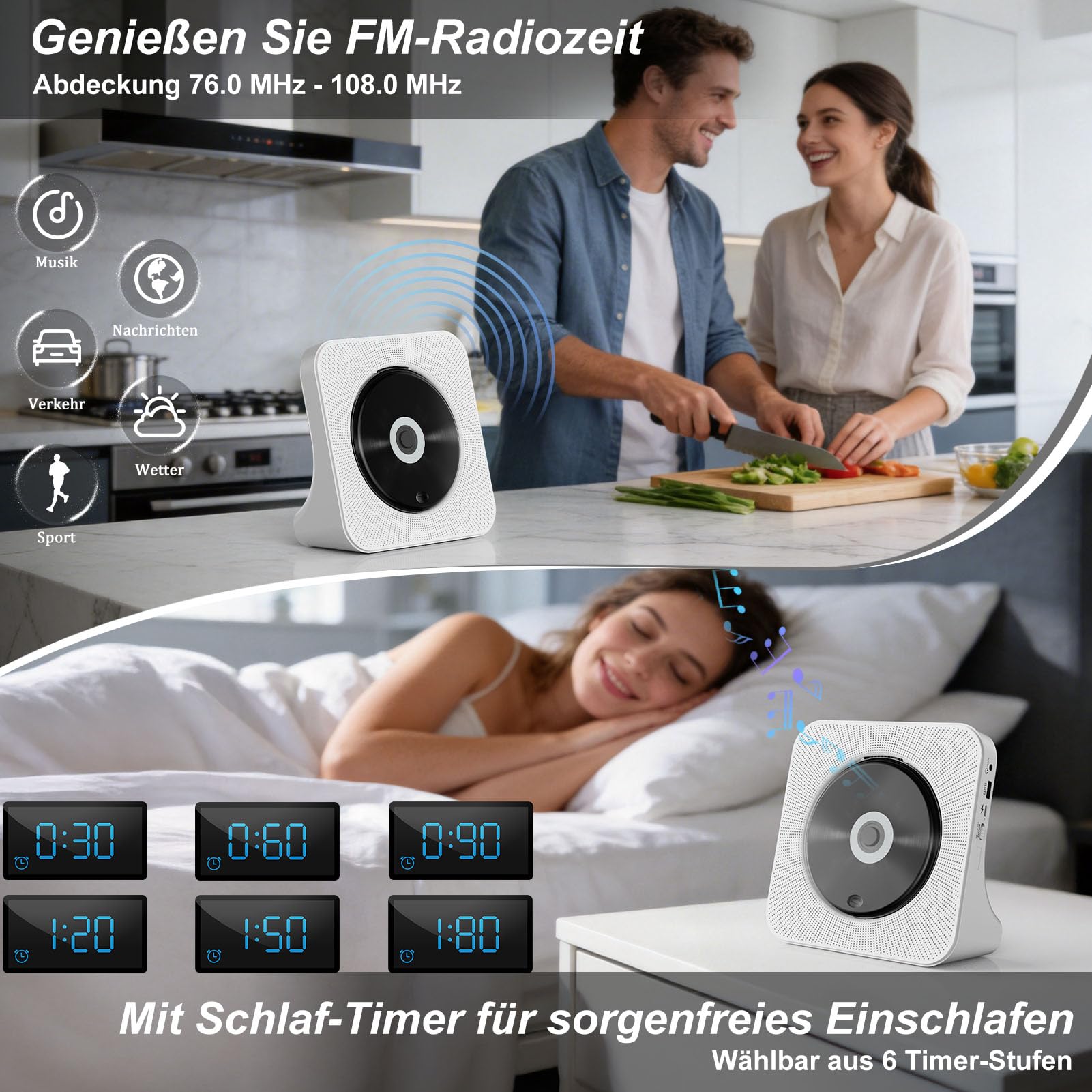 CD Player Tragbar Bluetooth 5.0 CD Spieler Tragbarer CD-Player mit Fernbedienung HiFi-Sound Lautsprecher Staubschutz LED-Bildschirm FM-Radio, unterstützt 3.5mm-AUX/USB/MP3, für Kinder Geschenk Zuhause