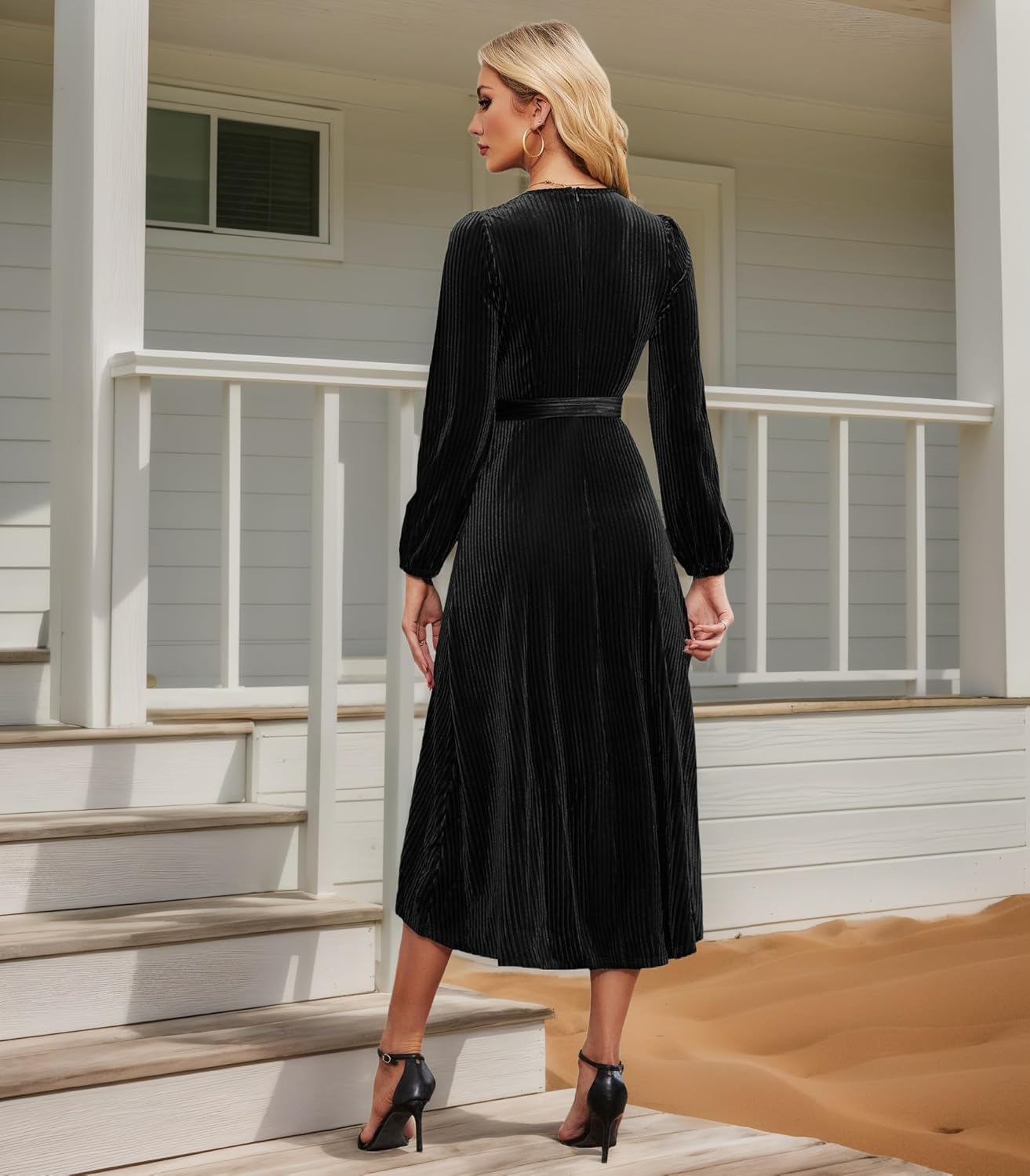 Women's Velvet V Neck Puff Sleeve Dress for Wedding Guest Cocktail Elegant Bodycon Party Midi Dress - Image 5