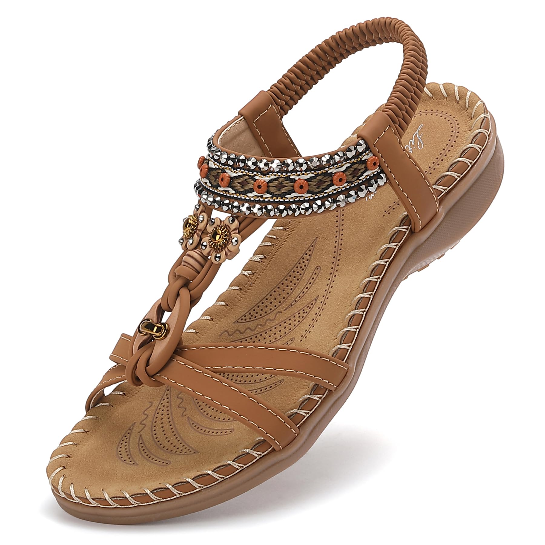 Littleplum Sandalen Damen Freizeit Flach Sandalette mit Strass Perlen Bohemia Strand Schuhe Casual Ankle Elastic Flip Flops