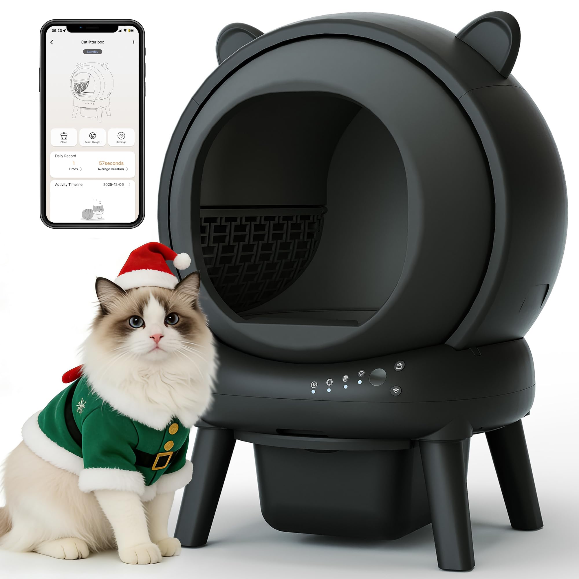 PUPETPO Self Cleaning Litter Box, Automatic Cat Litter Box for Multiple Cats, Auto Litter Box Robot with APP Control, Dual Safety Sensors, Odor Control&Low Noise, Cat Ears Design, Dark Grey