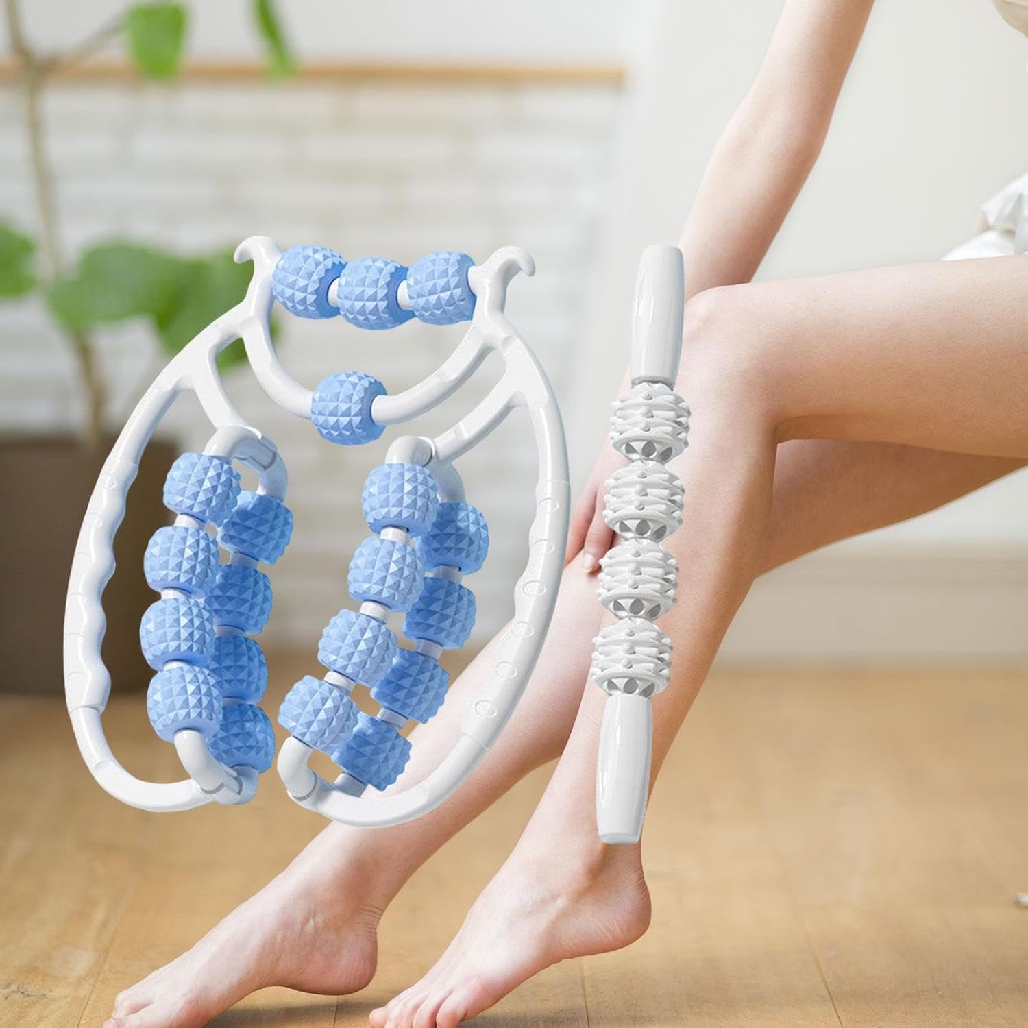 kowaku Massage Roller Relax Roller 20 Wheels, Cellulite Roller Muscle Relaxer Circular Leg Clamps Leg Massage for Tennis Elbow Legs (Blue Set)