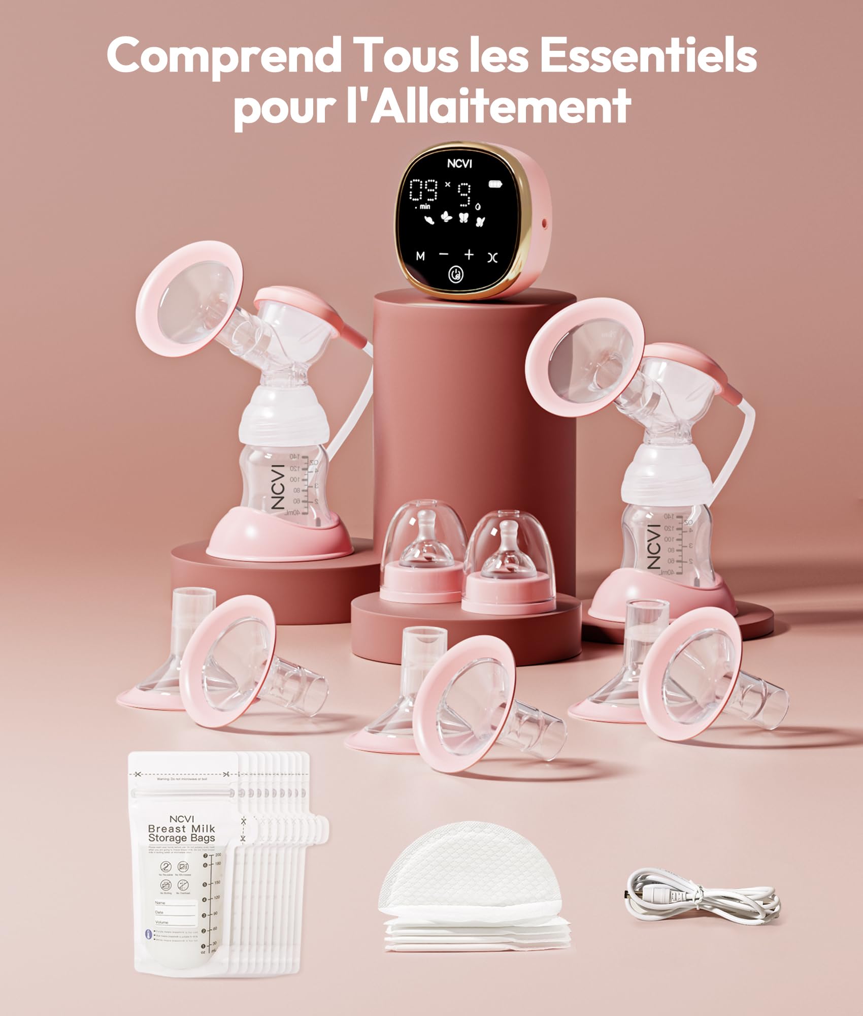 NCVI Tire Lait Electrique, Tire Lait Électrique Double, 4 Modes et 9 Niveaux, Pompe d'allaitement Électrique Portable, Bride de 21/24/28/32mm