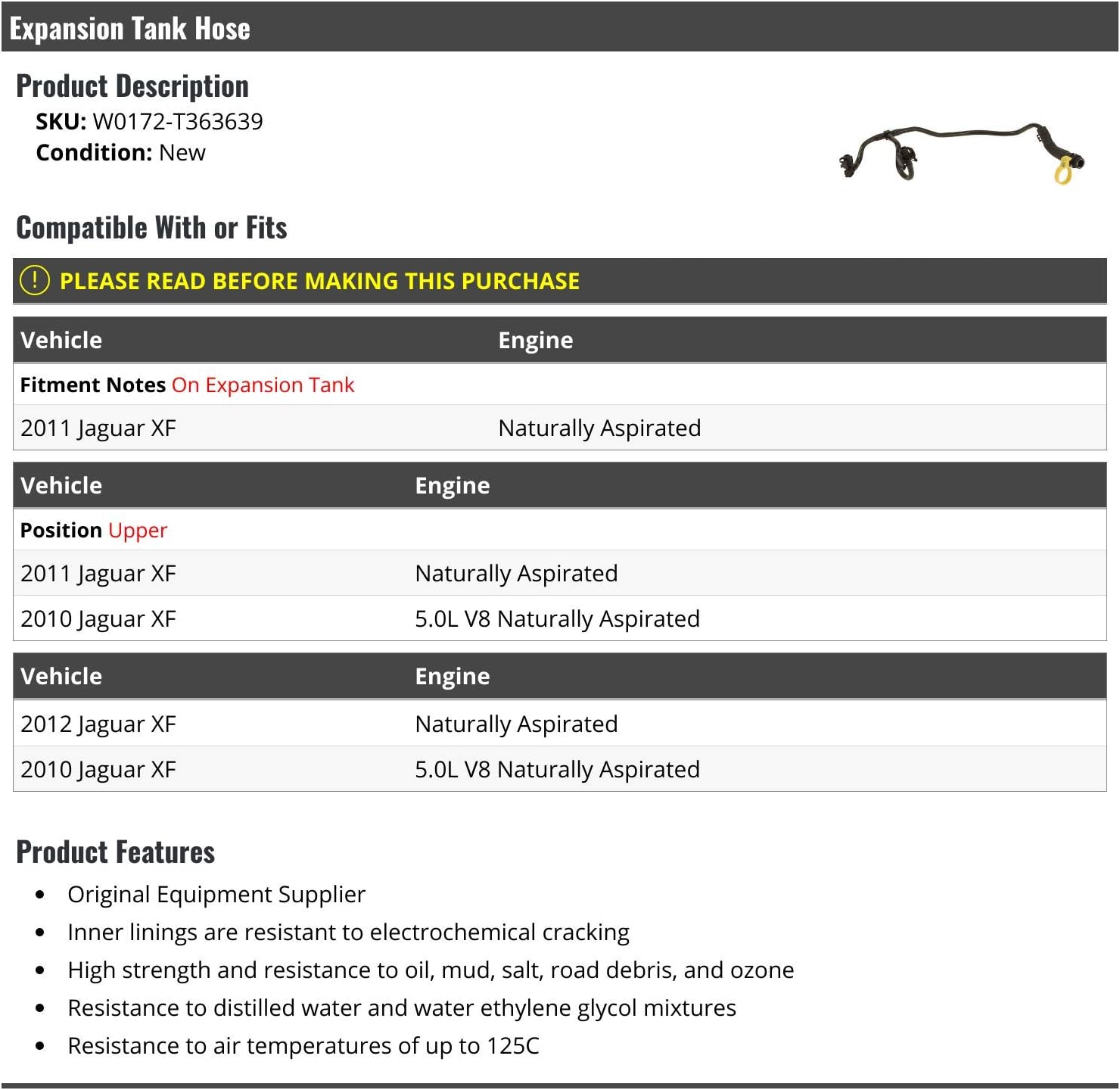 Marketplace Auto Parts Synthetic Rubber Expansion Tank Hose - Compatible with 2010-2012 Jaguar XF
