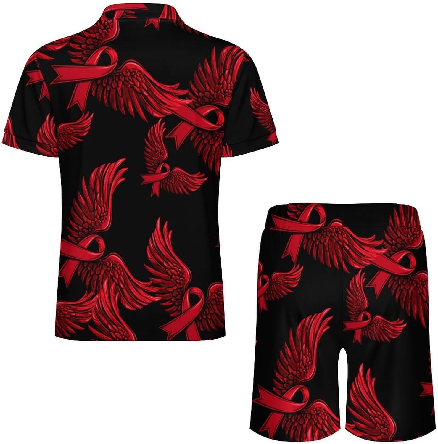 Angels-Wings Breast Cancer Awareness Mens Polo Shirts Track Suits 2 Piece Short Sleeve Sweatsuit 1/4 Zip Golf Loungewear for Sports