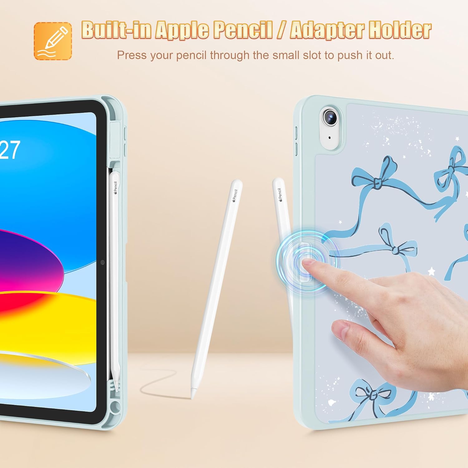 Tuiklol Case for iPad 11 inch (A16 Chip) 2025 Generation 11th / iPad 10.9 inch 2022 10th Gen,Slim Stand Hard Case Pencil Holder with TPU Back Cover & Trifold Stand & Auto Wake/Sleep,Bow-Blue
