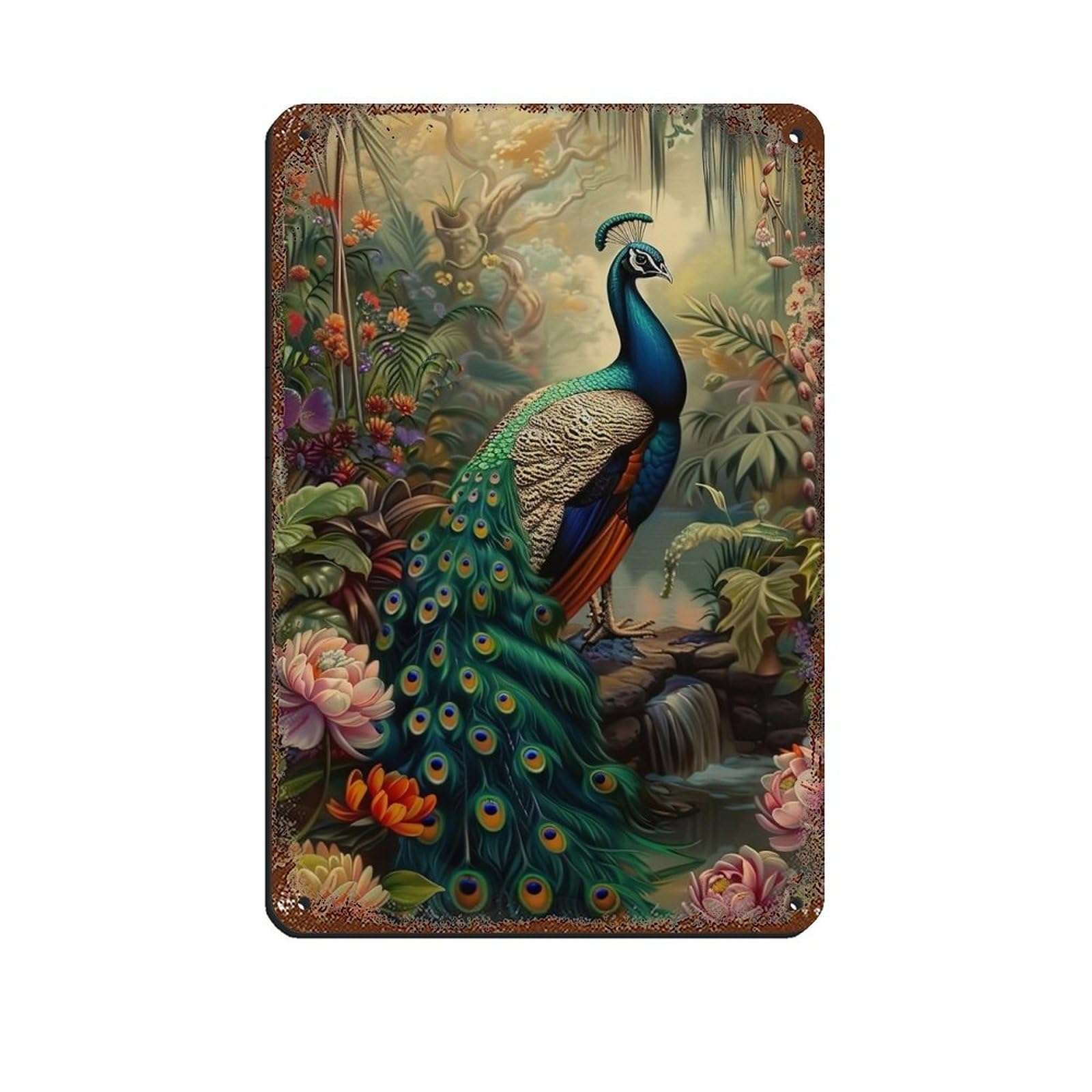 Lxwnze 20L X 30W Cm Vintage Peacock Painting Poster Tin Sign Vintage Metal Pub Club Cafe Bar Home Wall Art Decoration Poster Retro 8X12inch(20X30cm)