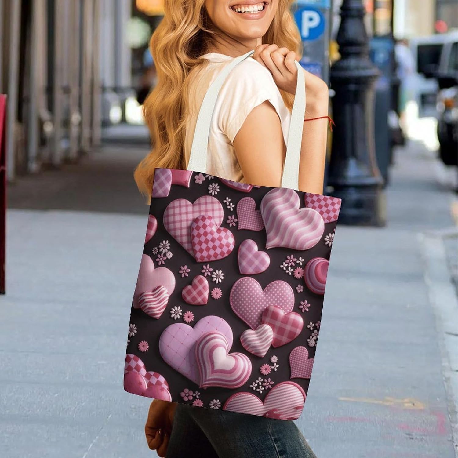 Pink Purple Hearts Flowers Canvas Tote Bag Shoulder Bag Handbag image 3