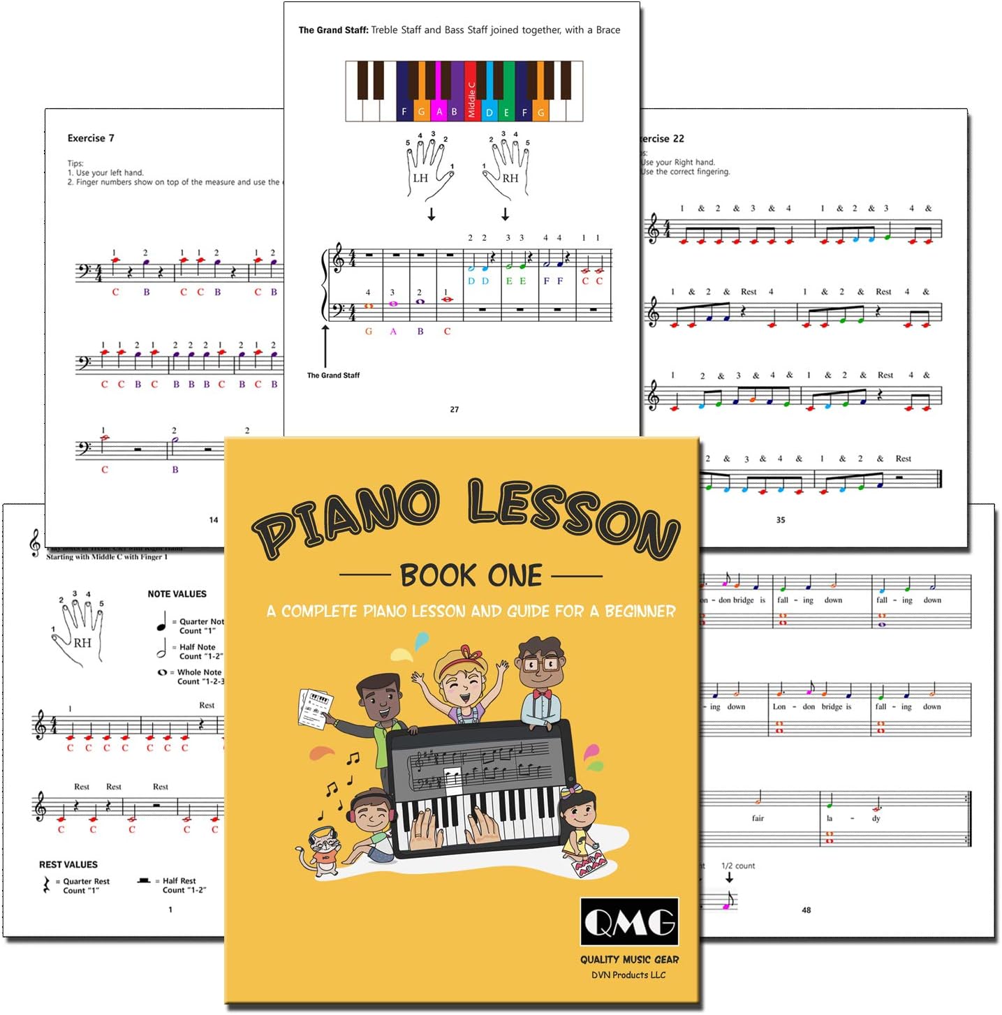 QMG Piano and Keyboard Note Chart and Complete Color Note Piano Music Lesson and Guide Book 1 and Book 2 for Kids and Beginners; Designed and Printed in USA