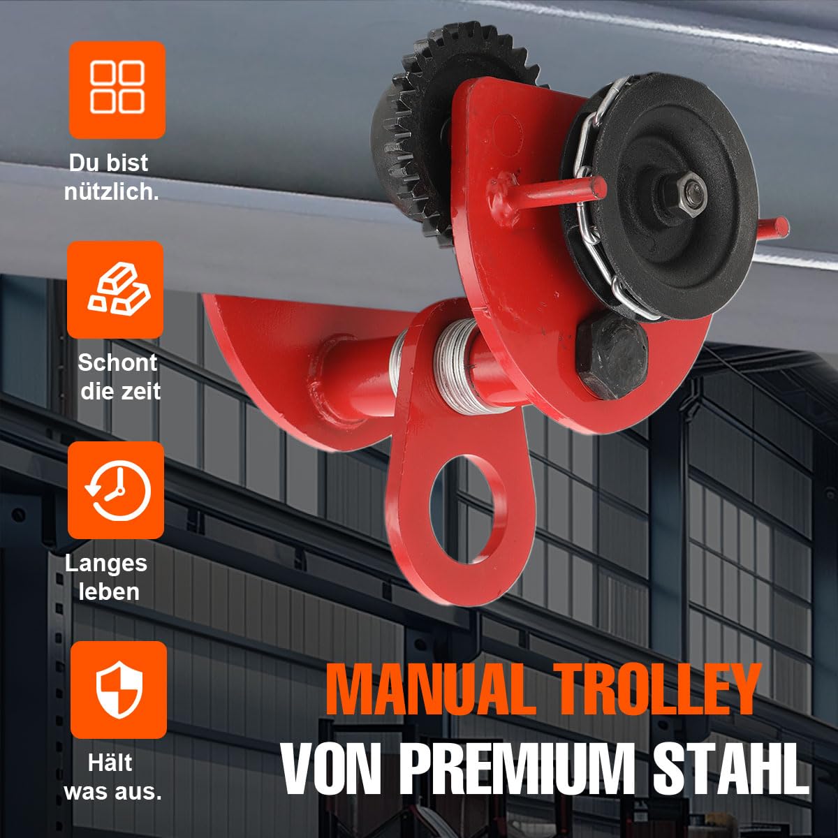 Rollfahrwerk 2000 kg Kranfahrwerk Laufkatze 80~168mm Handfahrwerk Handlaufkatze Seilwinde Kettenzug Hallenkran Haspelkette Kran Für Haben, Be- und Entladen von Materialien, mit 3m Kette