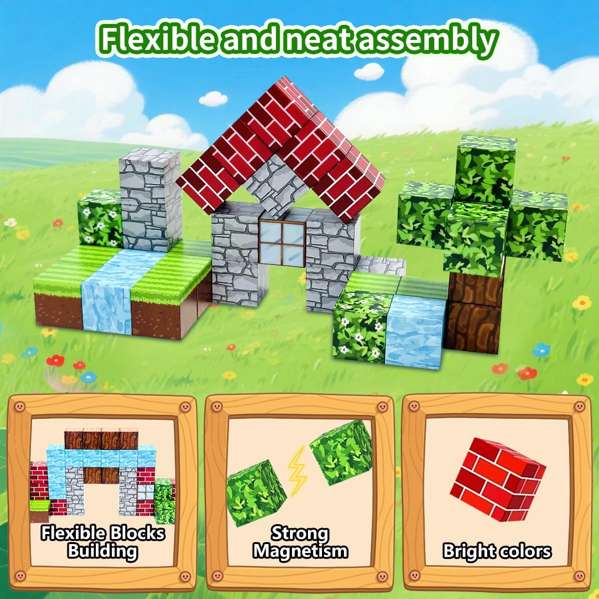 Magnetic Blocks Building Set - Puzzle Cubes as STEM Toys for Kids - Toddlers Sensory Construction Tiles - Ages 3+ Creative Educational Games for Boys and Girls - Adventure Forest 150pc Block