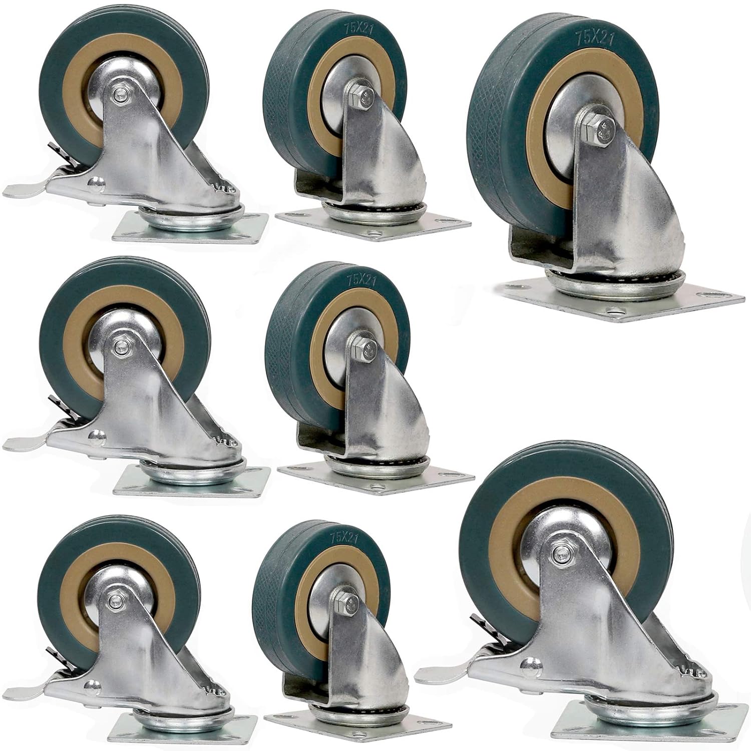 KINJOEK Set of 4 3 Inch Caster Wheels Swivel 2 with Brakeand 2 Non Brake,360 Degree Polyvinyl Chloride Rubber Wheels for Carts, Furniture, Workbench, Trolley, 440lb Capacity