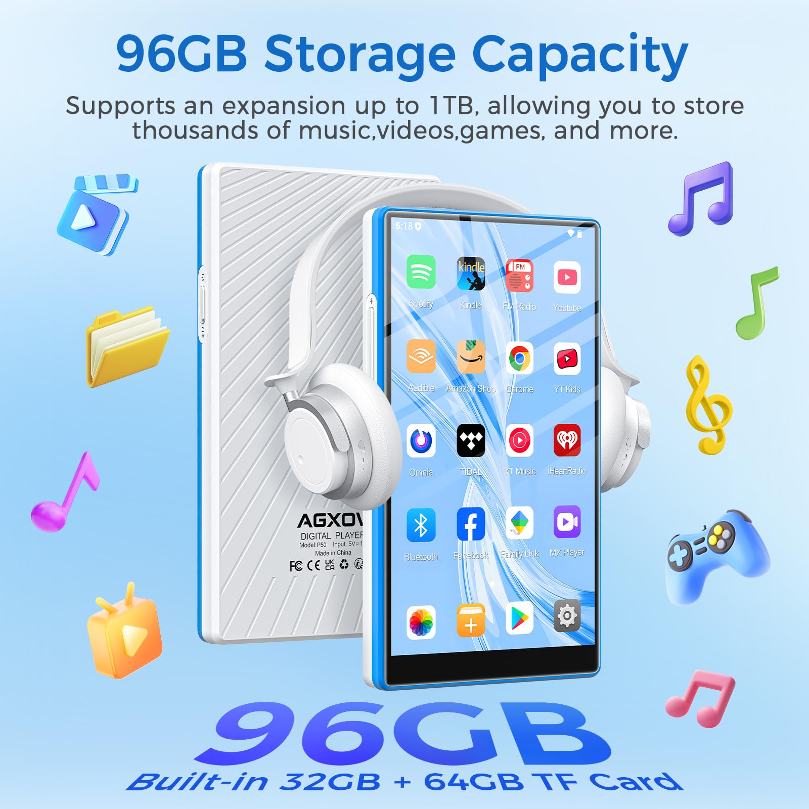 Lecteur MP3 avec Bluetooth et WiFi, Android 13 Lecteur MP4 avec Écran Tactile de 5 Pouces et Haut-parleurs, 96Go Baladeur MP3 avec Spotify, Deezer, Amazon Music, Bleu & Blanc