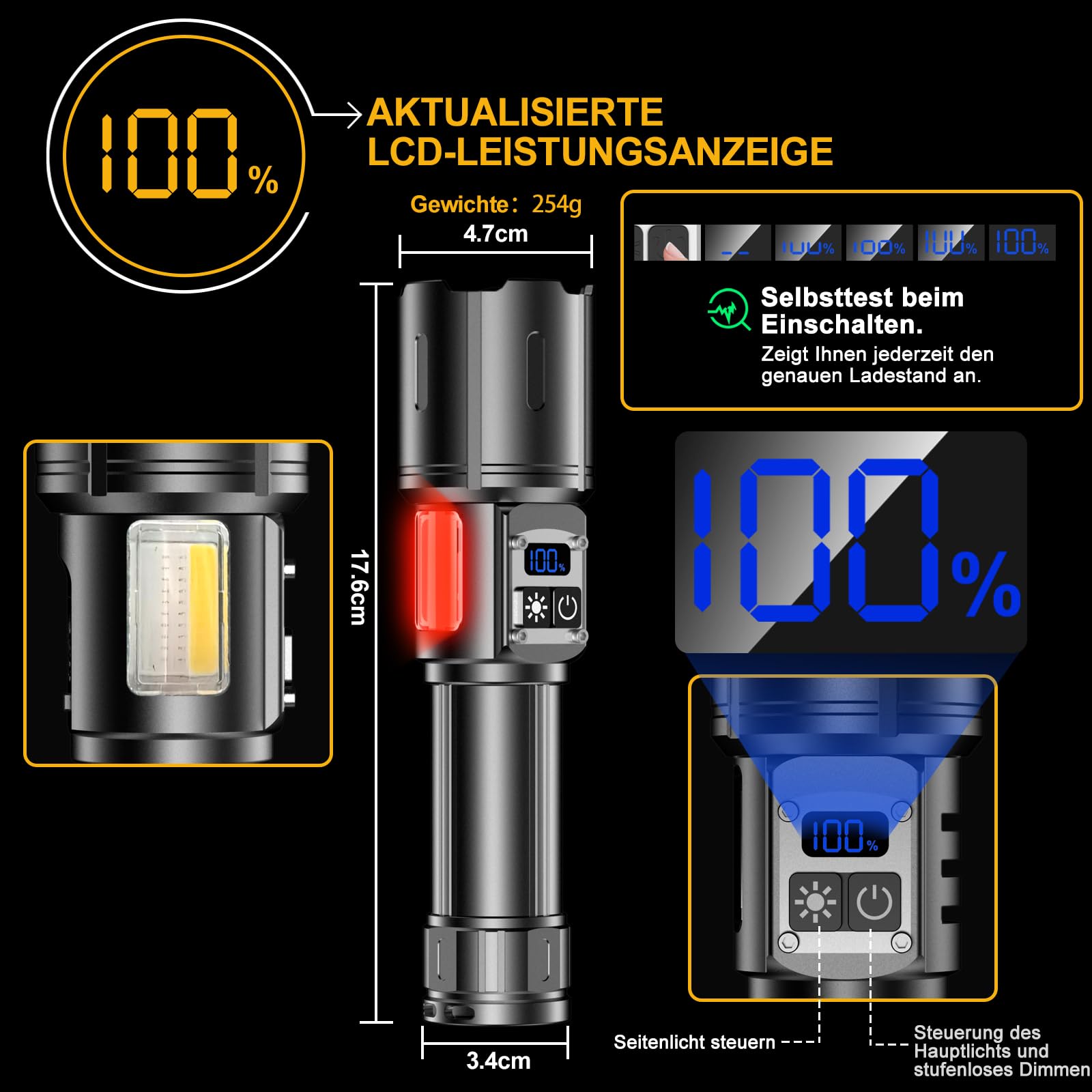 Lampe Torche LED Ultra Puissante, 1000000 Lumens Lampe De Poche LED Ultra Puissante, Lampe Torche Rechargeable USB, 9 Modes, Avec Feu LatéRal COB, Lampe Tactique Pour Camping Urgence Cadeaux