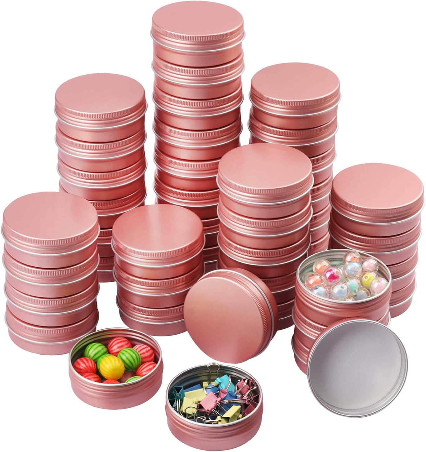 48 Pcs 4 Ounce Aluminum Tins with Screw Tops, Round metal tin with Screw Lids, 4 oz Round Cans with Lid for Cosmetics, Lip Balm, Spices, and More(Rose Gold)