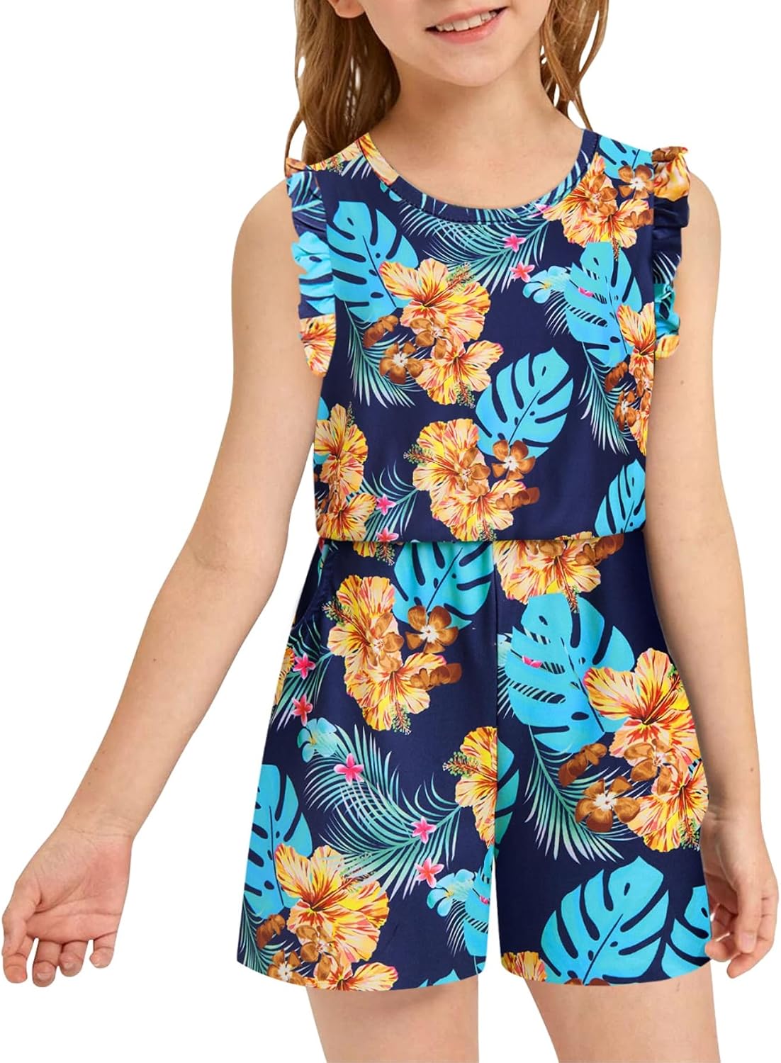 Girls Jumpsuits Rompers Ruffle Sleeve Romper Shorts with Pockets Summer One Piece Playsuit Outfits for Girl 6-13 Years