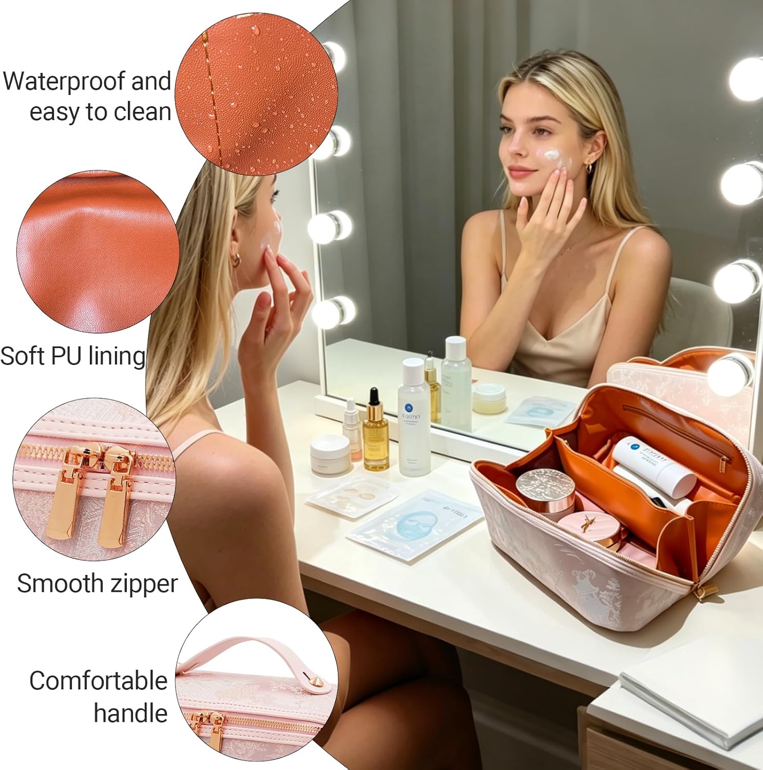Travel Makeup Bag, Large Capacity Cosmetic Bag for Women, Waterproof Portable Pouch Open Flat Toiletry Bag Embroidered Make up Bag for Skincare, Brushes & Travel Essentials（Pink）